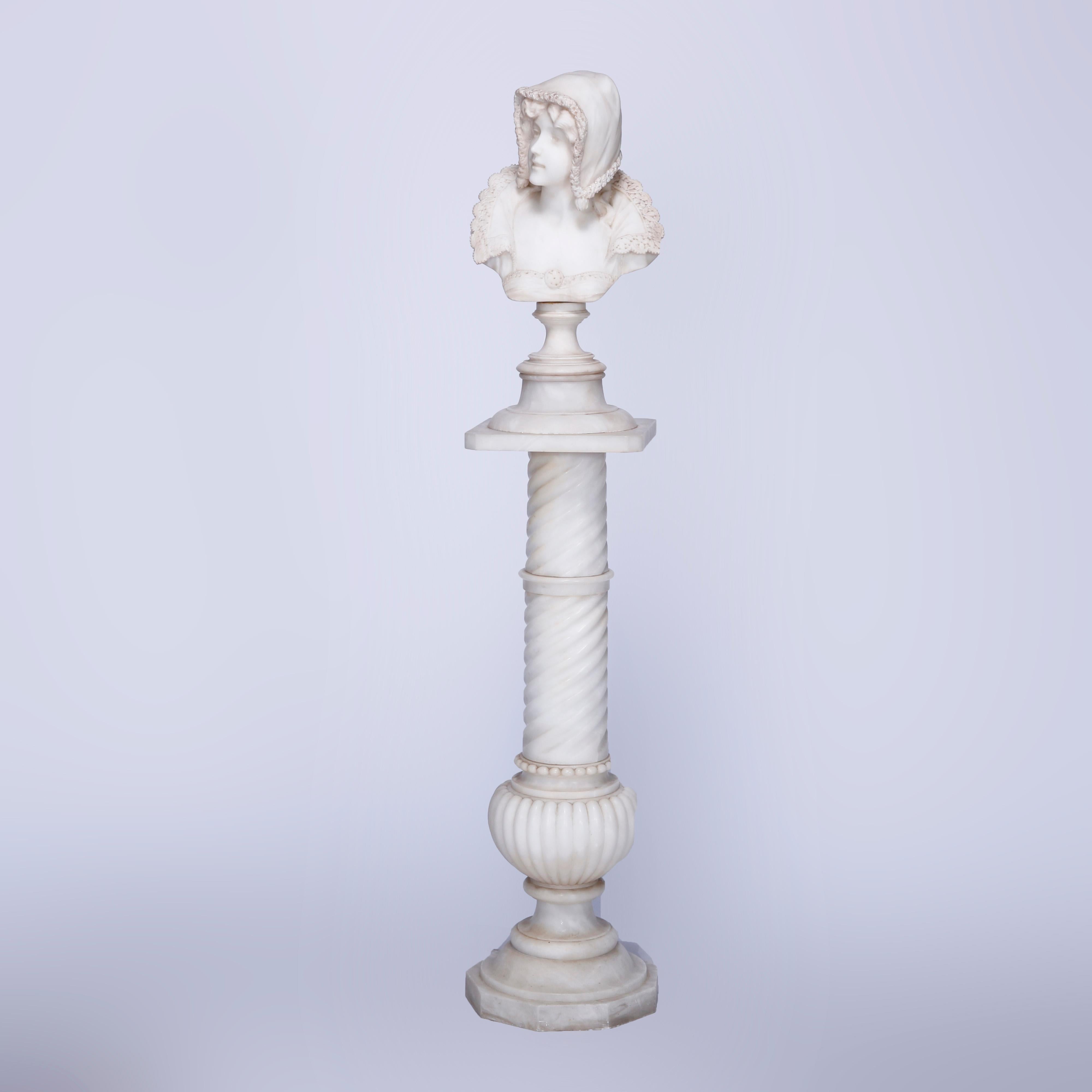 An antique classical sculpture offers carved alabaster portrait bust of a woman seated on pedestal with rope twist column, c1890

Measures - 55.5'' H x 10.5'' W x 10.5'' D.