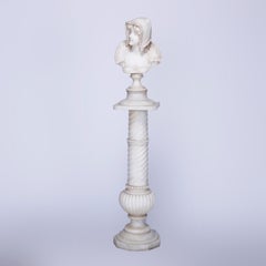 Antique Classical Alabaster Portrait Bust Sculpture of a Woman & Pedestal, c1890