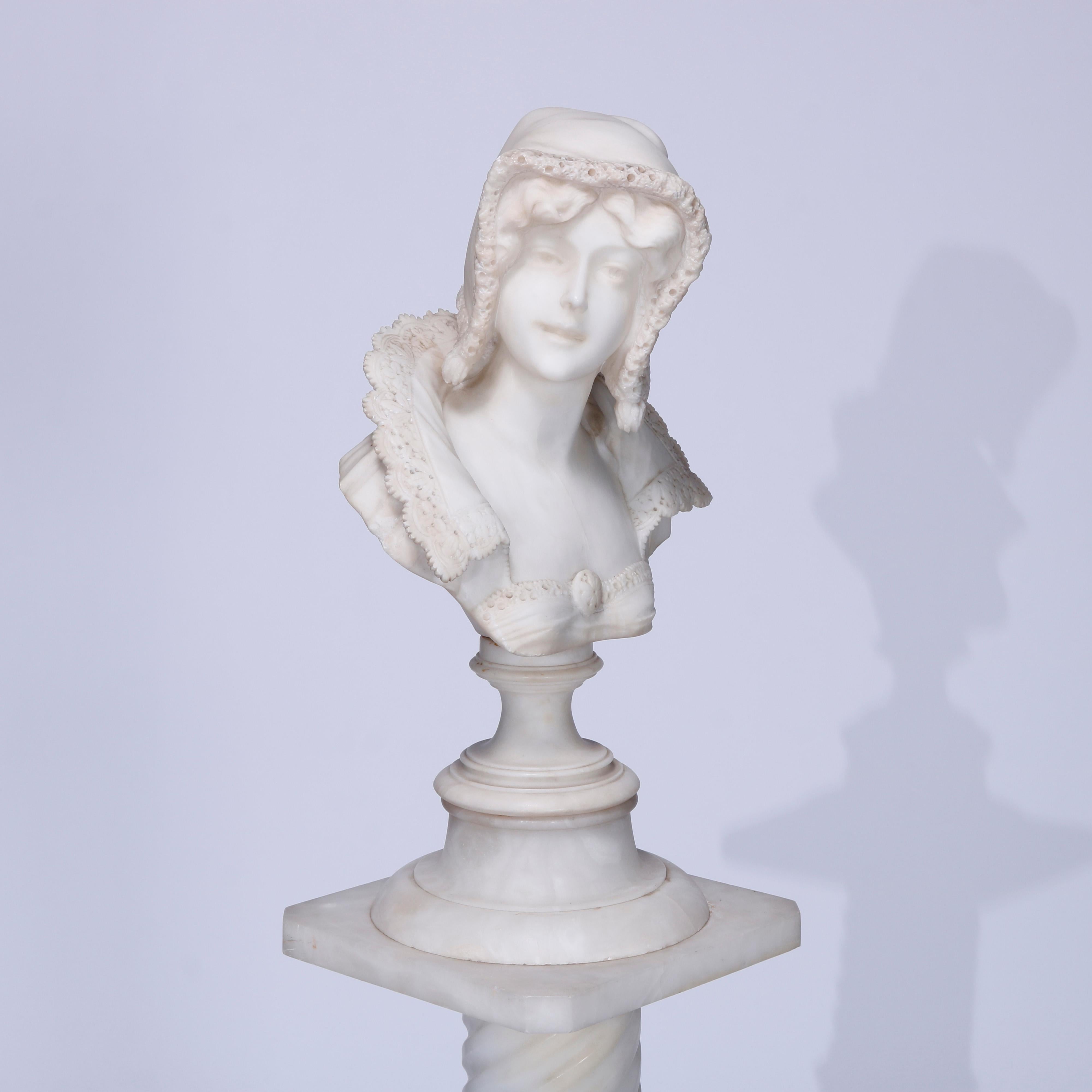 Antique Classical Alabaster Portrait Bust Sculpture of a Woman & Pedestal, c1890 1