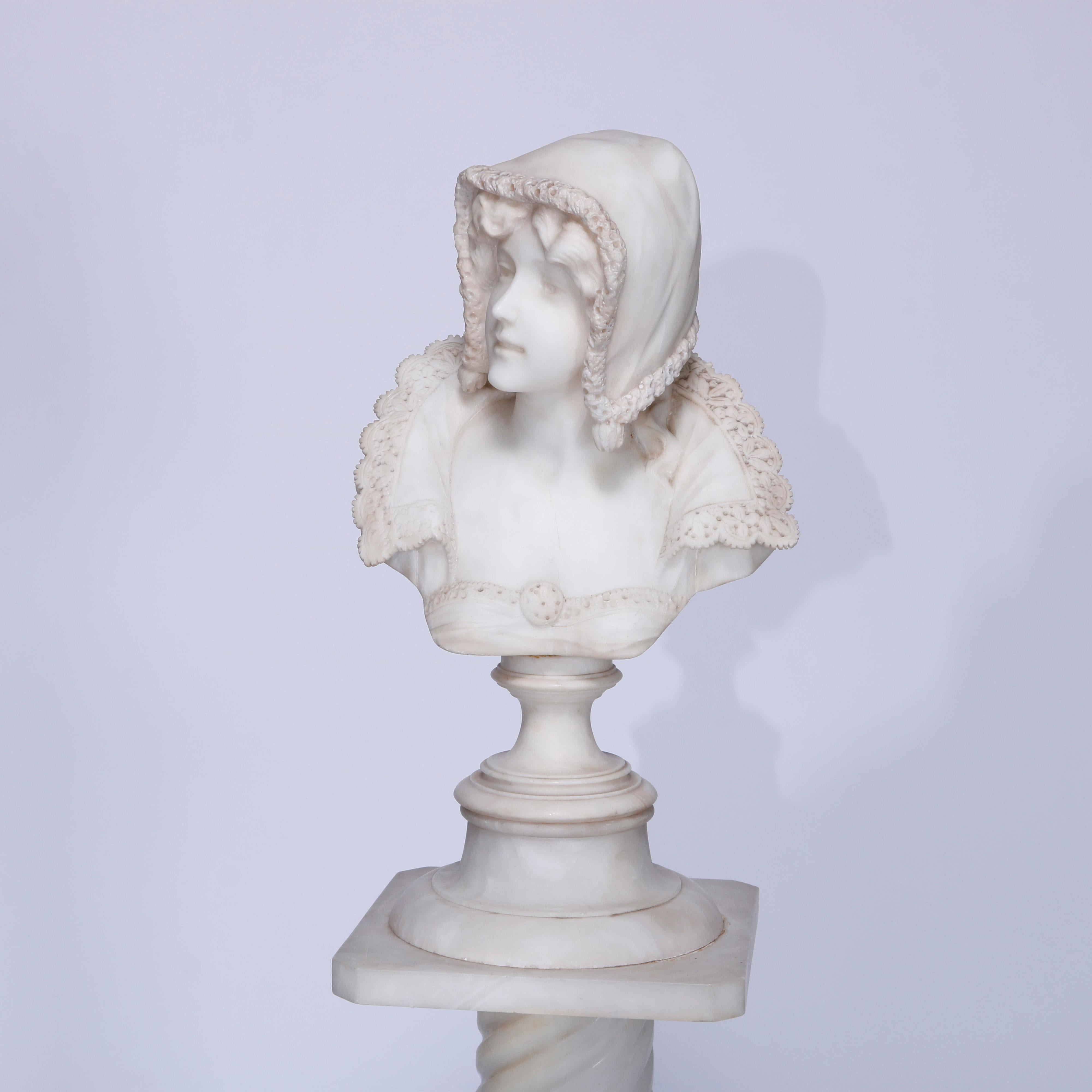 Antique Classical Alabaster Portrait Bust Sculpture of a Woman & Pedestal, c1890 2