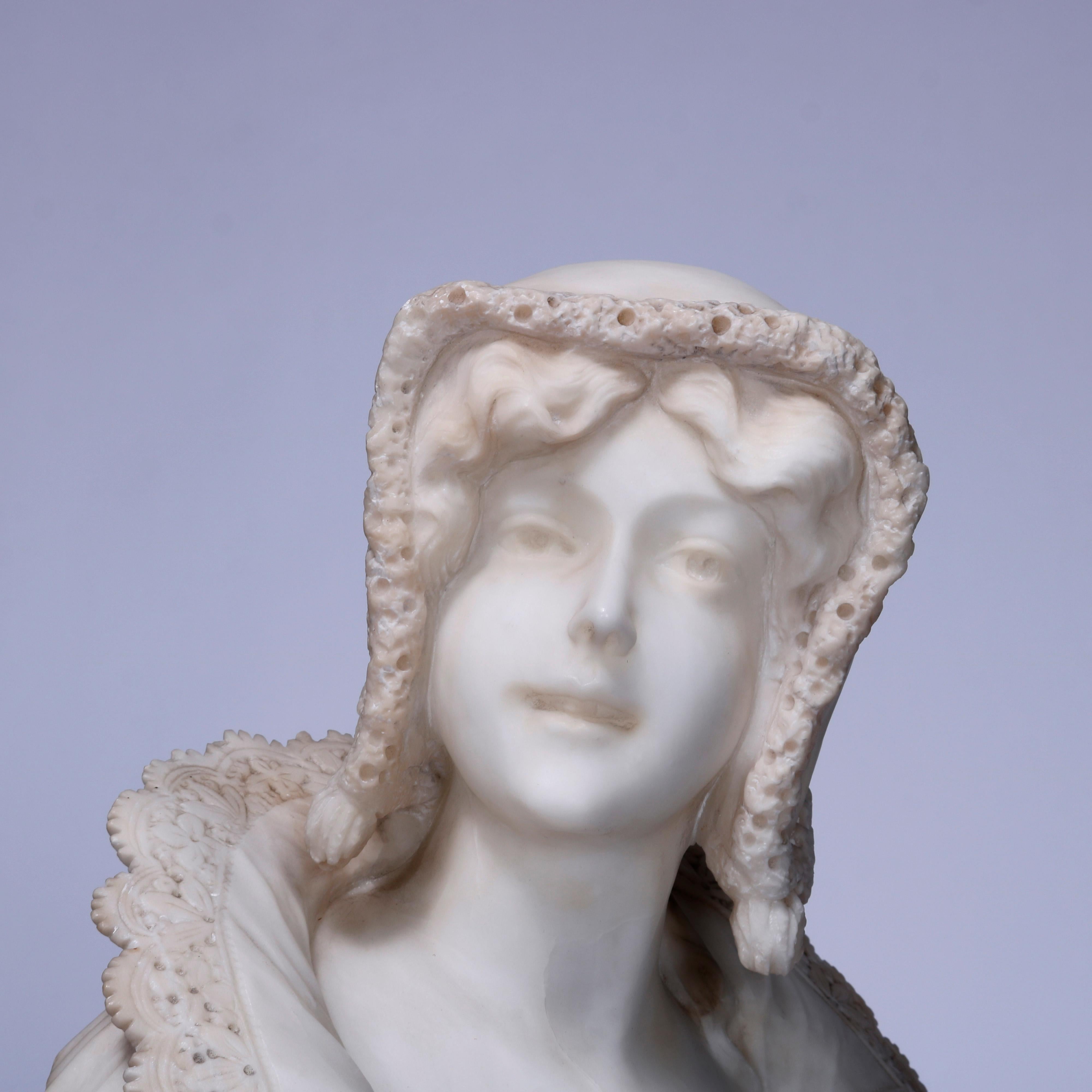 Antique Classical Alabaster Portrait Bust Sculpture of a Woman & Pedestal, c1890 3