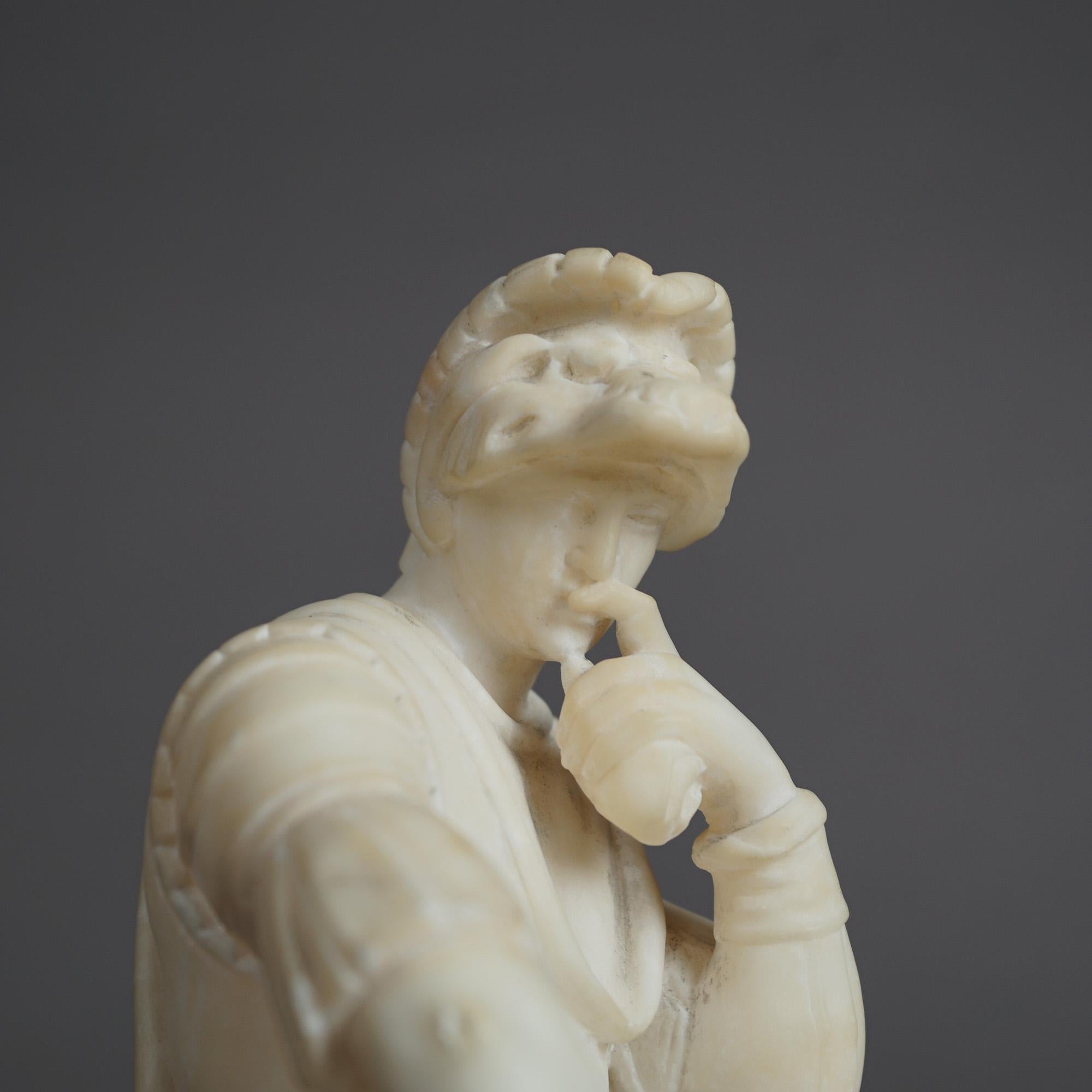 An antique figural sculpture offers carved alabaster figure after Michelangelo's statue of Lorenzo de Medici from the New Sacristy of San Lorenzo in Florence. , c1890

Measures- 11''H x 4.5''W x 4.5''D