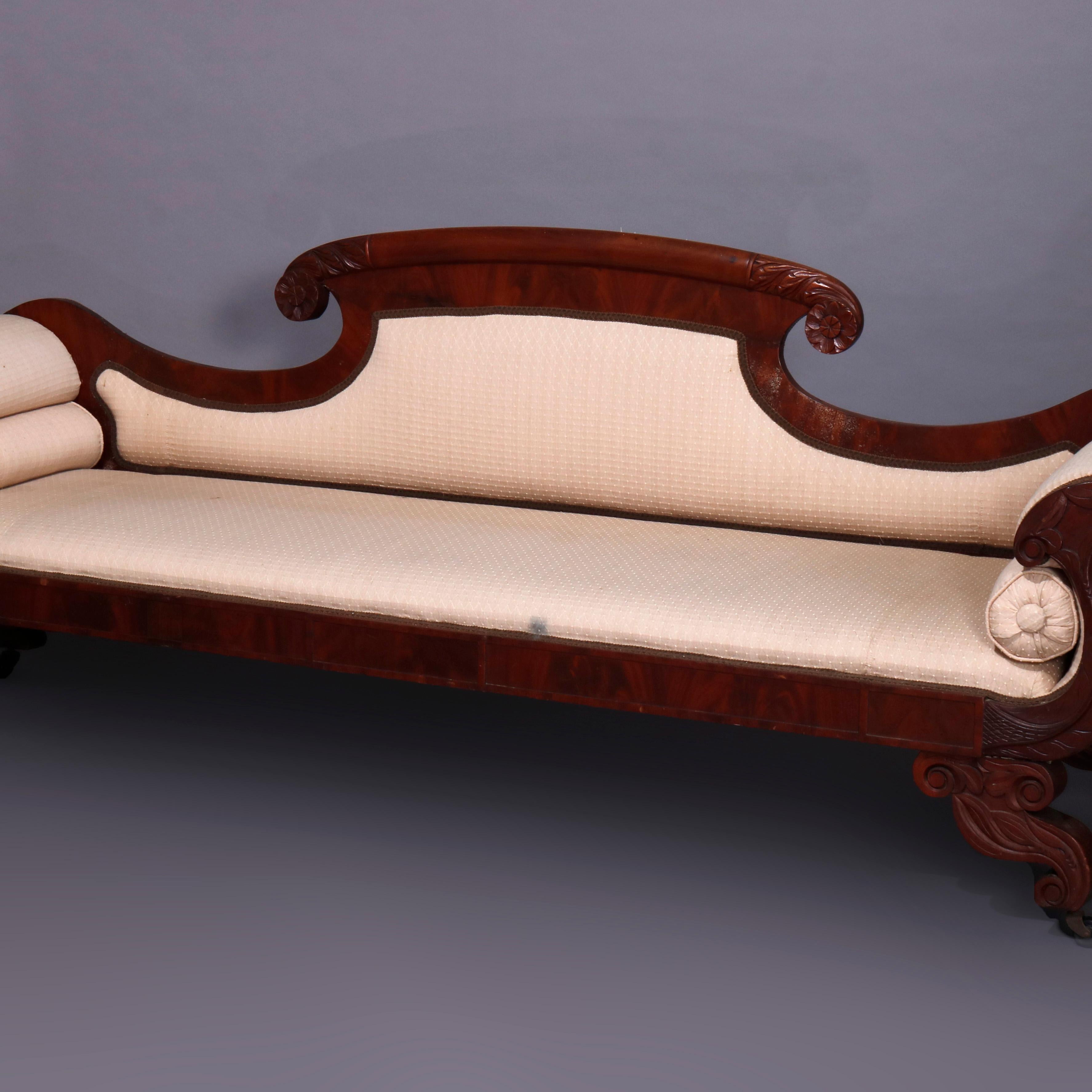 Classical American Empire Carved Flame Mahogany Scroll Form Sofa, circa 1840 In Good Condition In Big Flats, NY