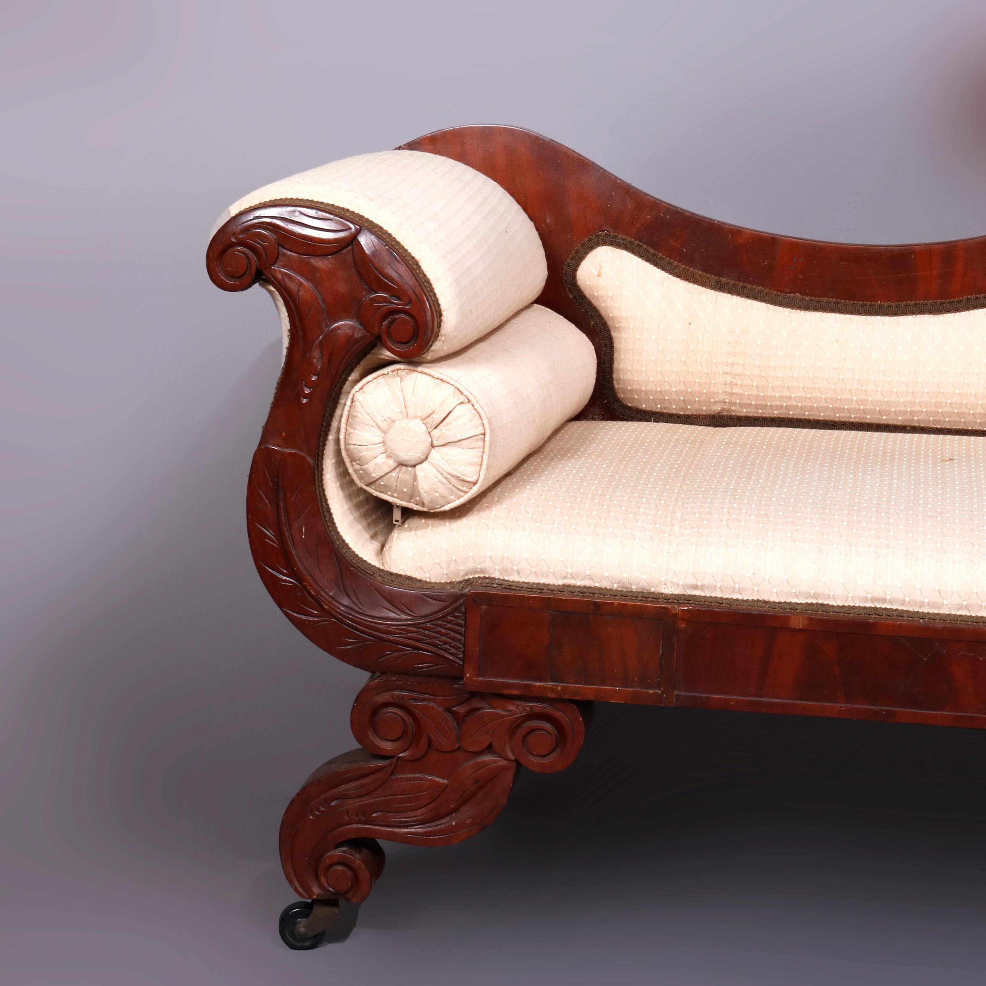19th Century Classical American Empire Carved Flame Mahogany Scroll Form Sofa, circa 1840