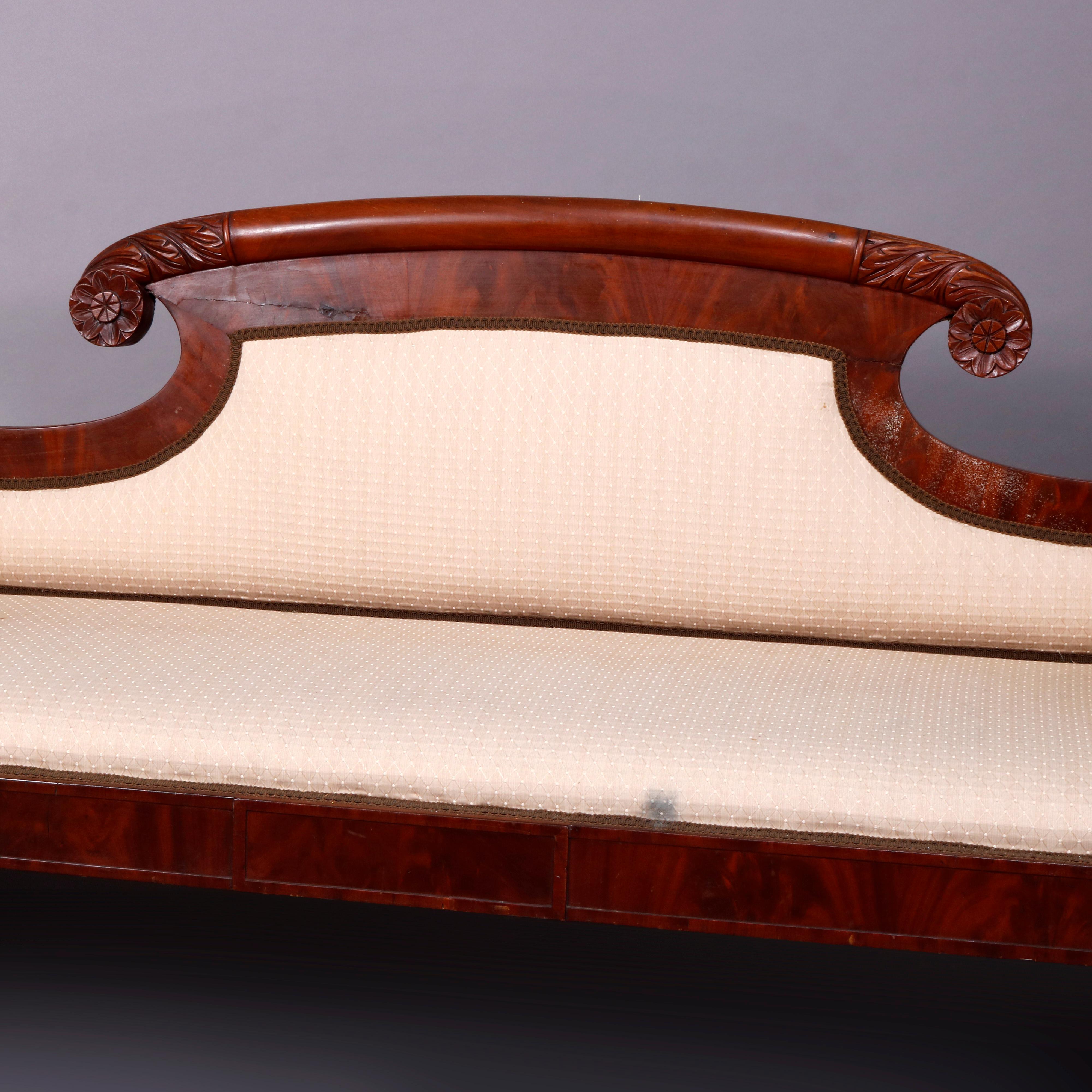 Upholstery Classical American Empire Carved Flame Mahogany Scroll Form Sofa, circa 1840
