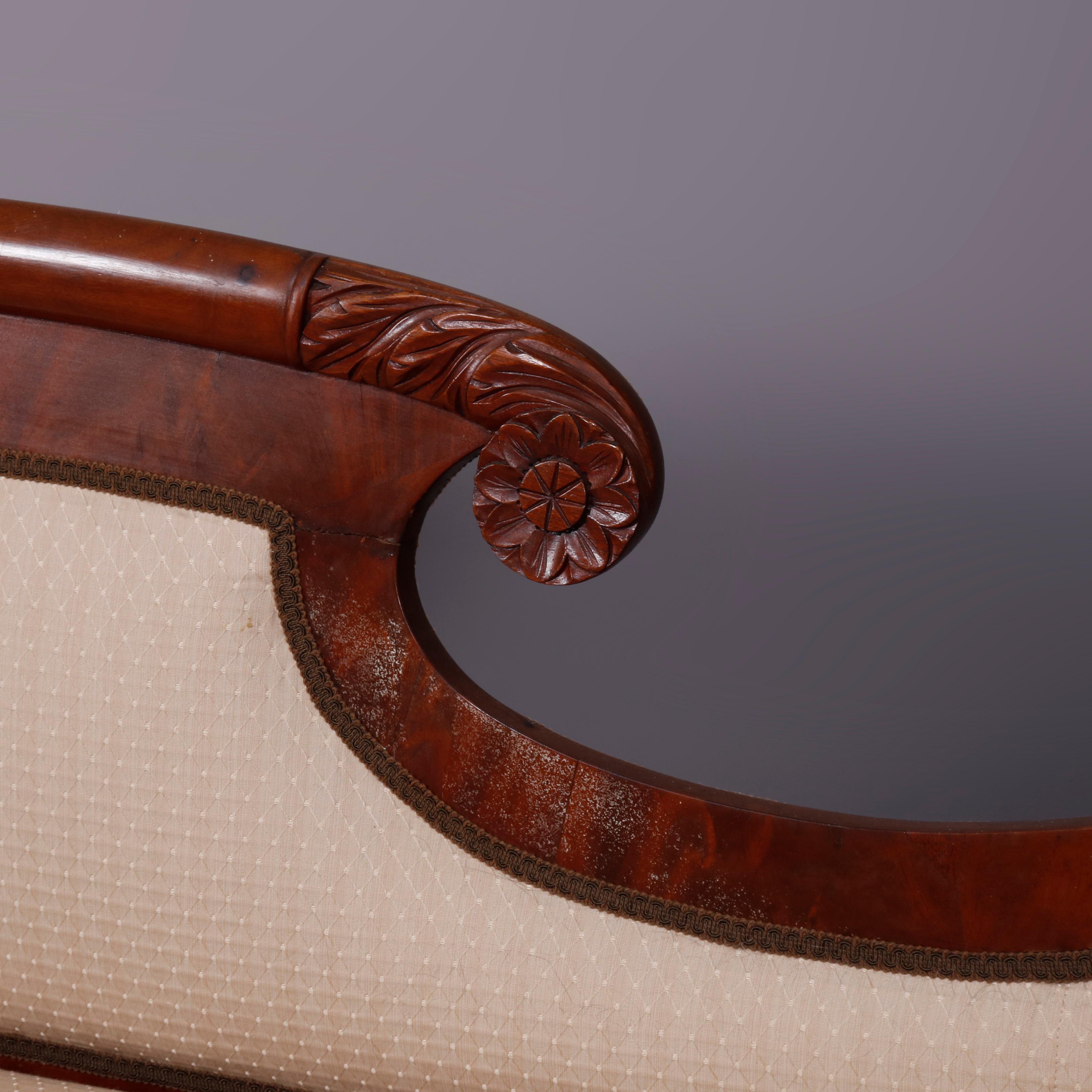Classical American Empire Carved Flame Mahogany Scroll Form Sofa, circa 1840 1