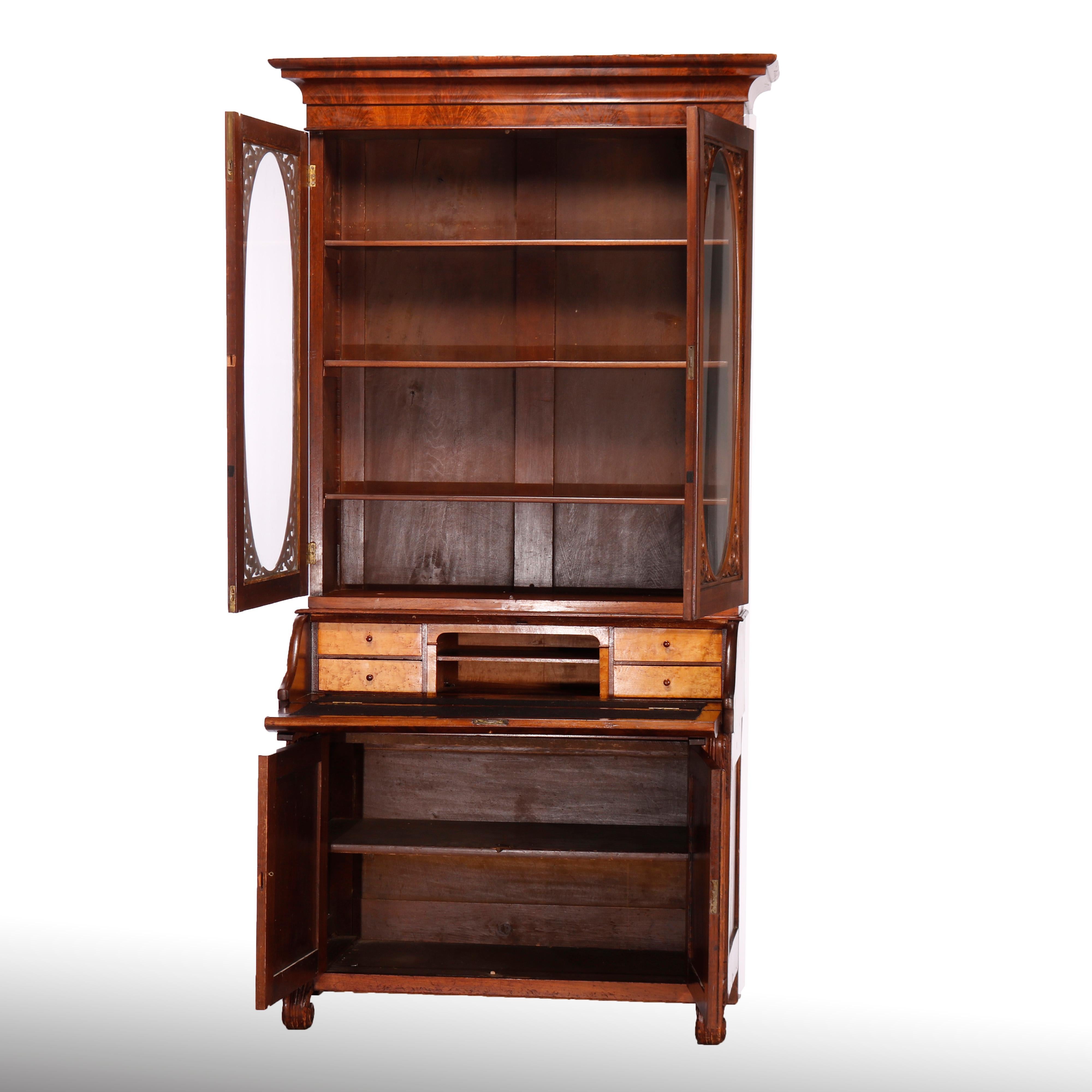 Antique Classical American Empire Carved Flame Mahogany Secretary Desk c1850 In Good Condition In Big Flats, NY
