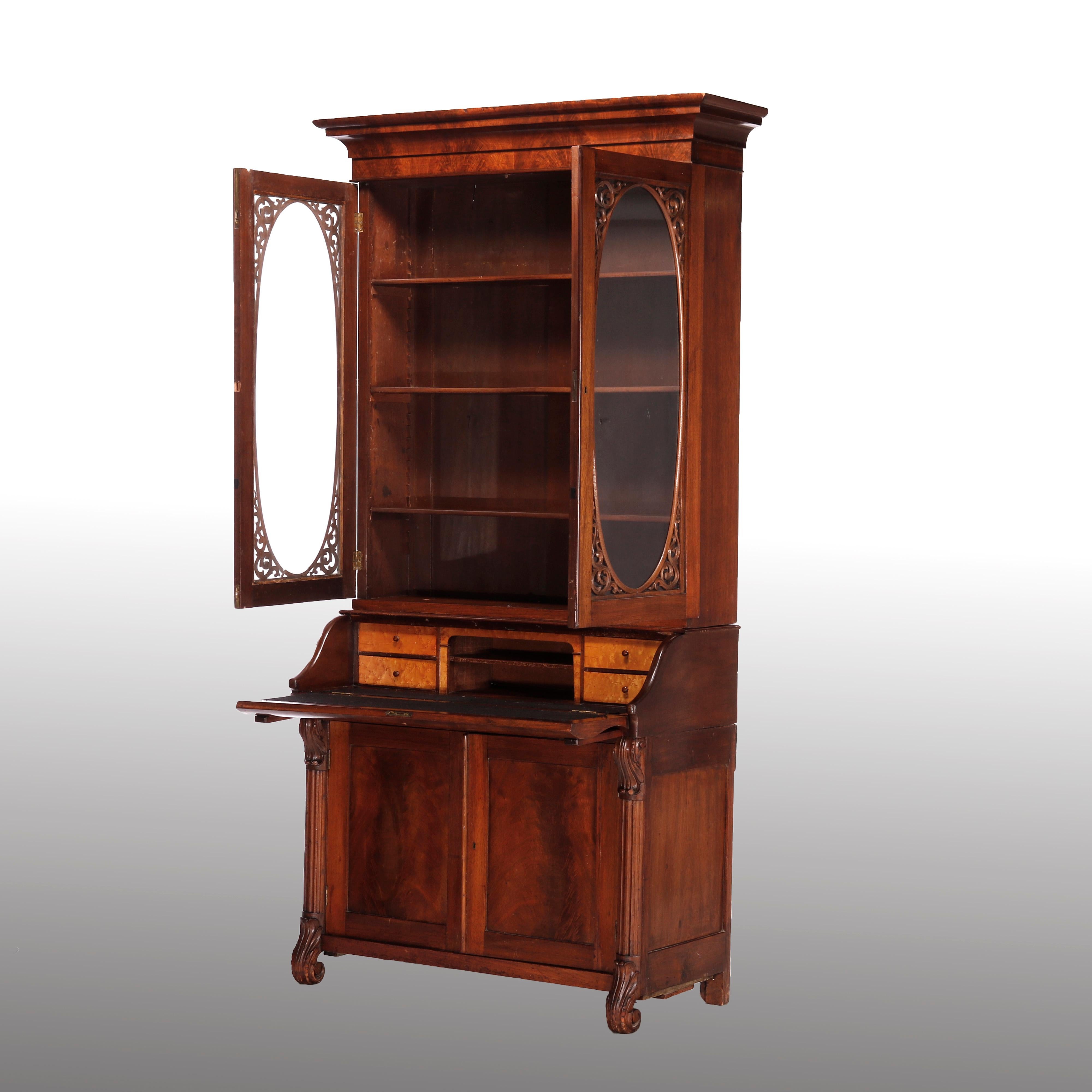 19th Century Antique Classical American Empire Carved Flame Mahogany Secretary Desk c1850