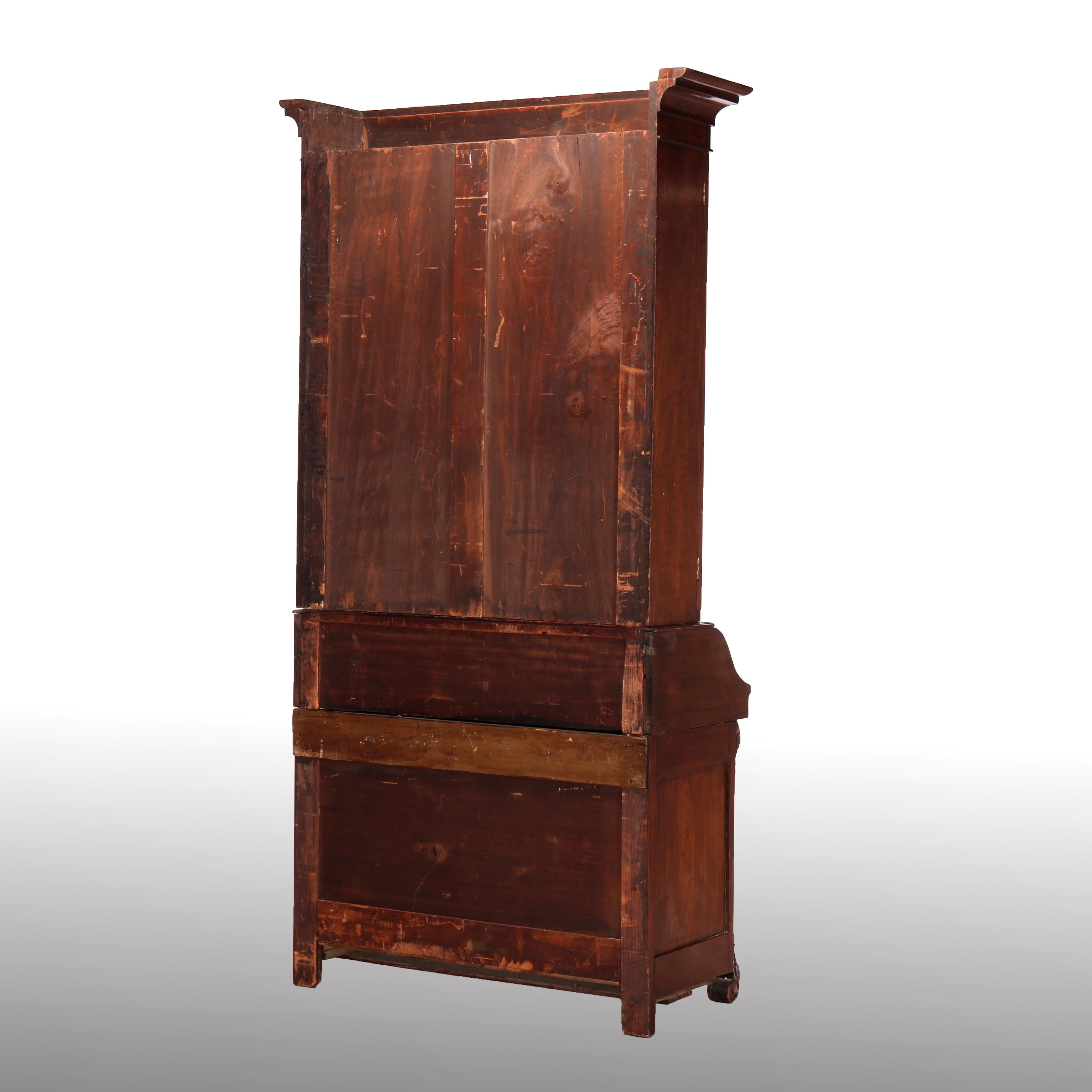 Antique Classical American Empire Carved Flame Mahogany Secretary Desk c1850 2