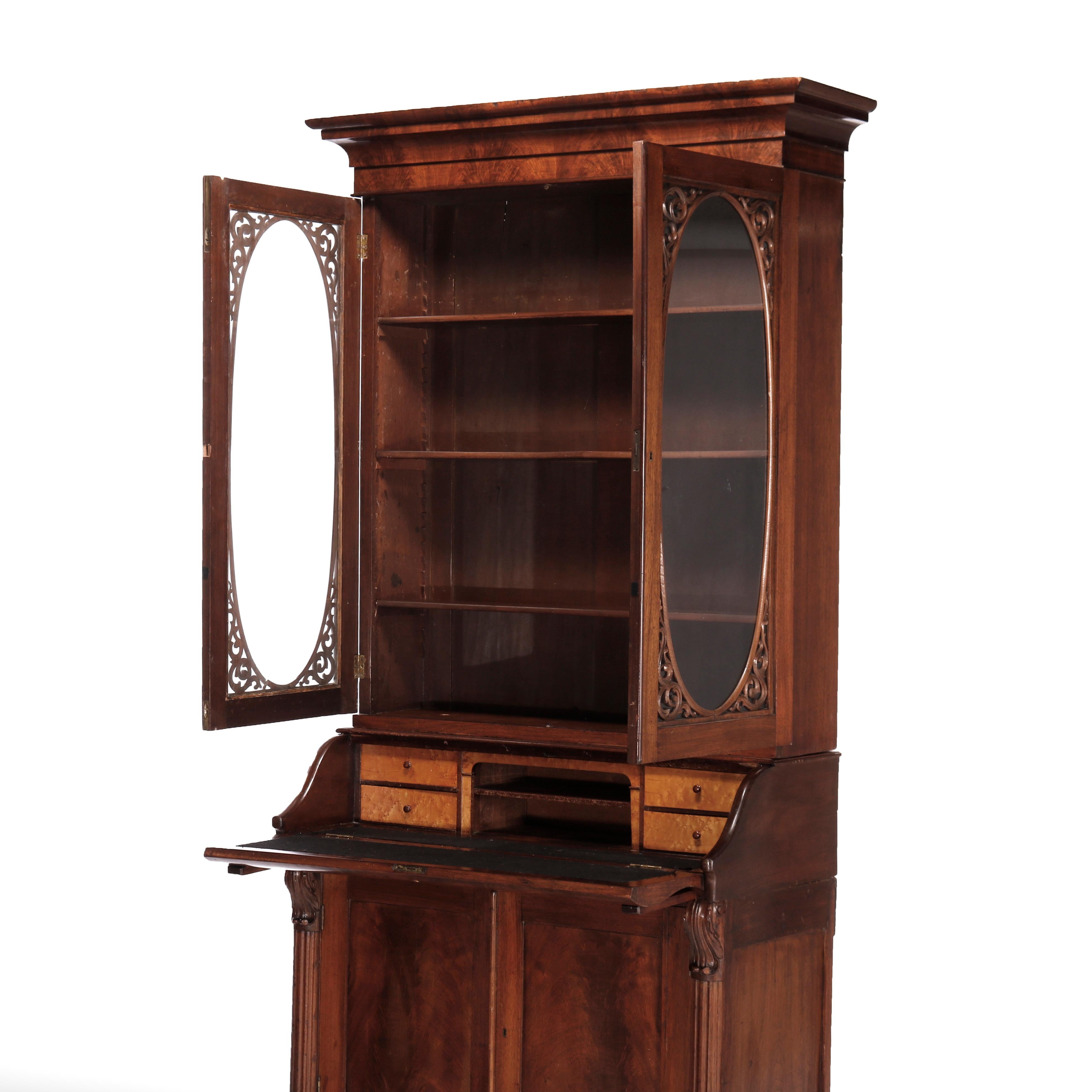 Antique Classical American Empire Carved Flame Mahogany Secretary Desk c1850 3