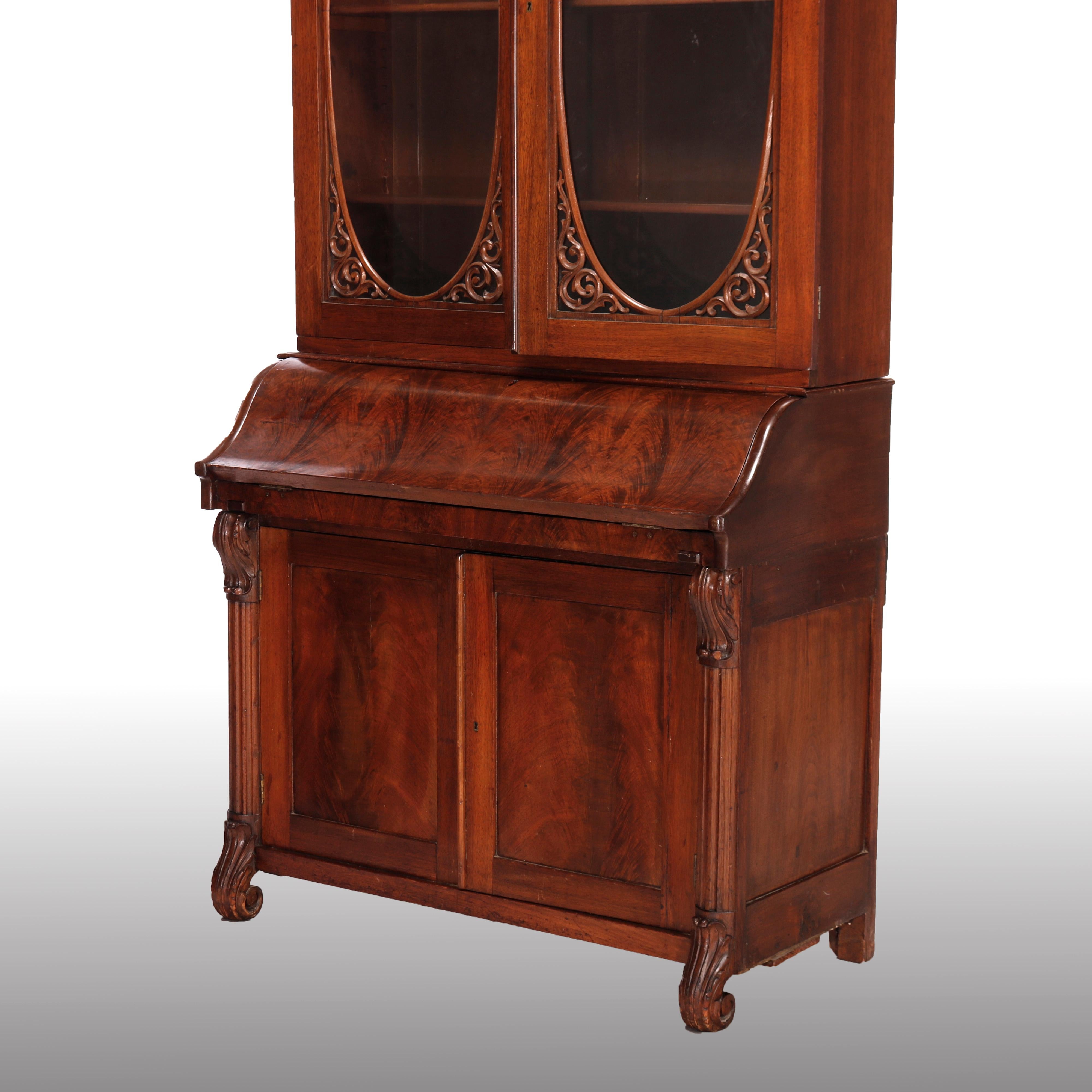 Antique Classical American Empire Carved Flame Mahogany Secretary Desk c1850 4