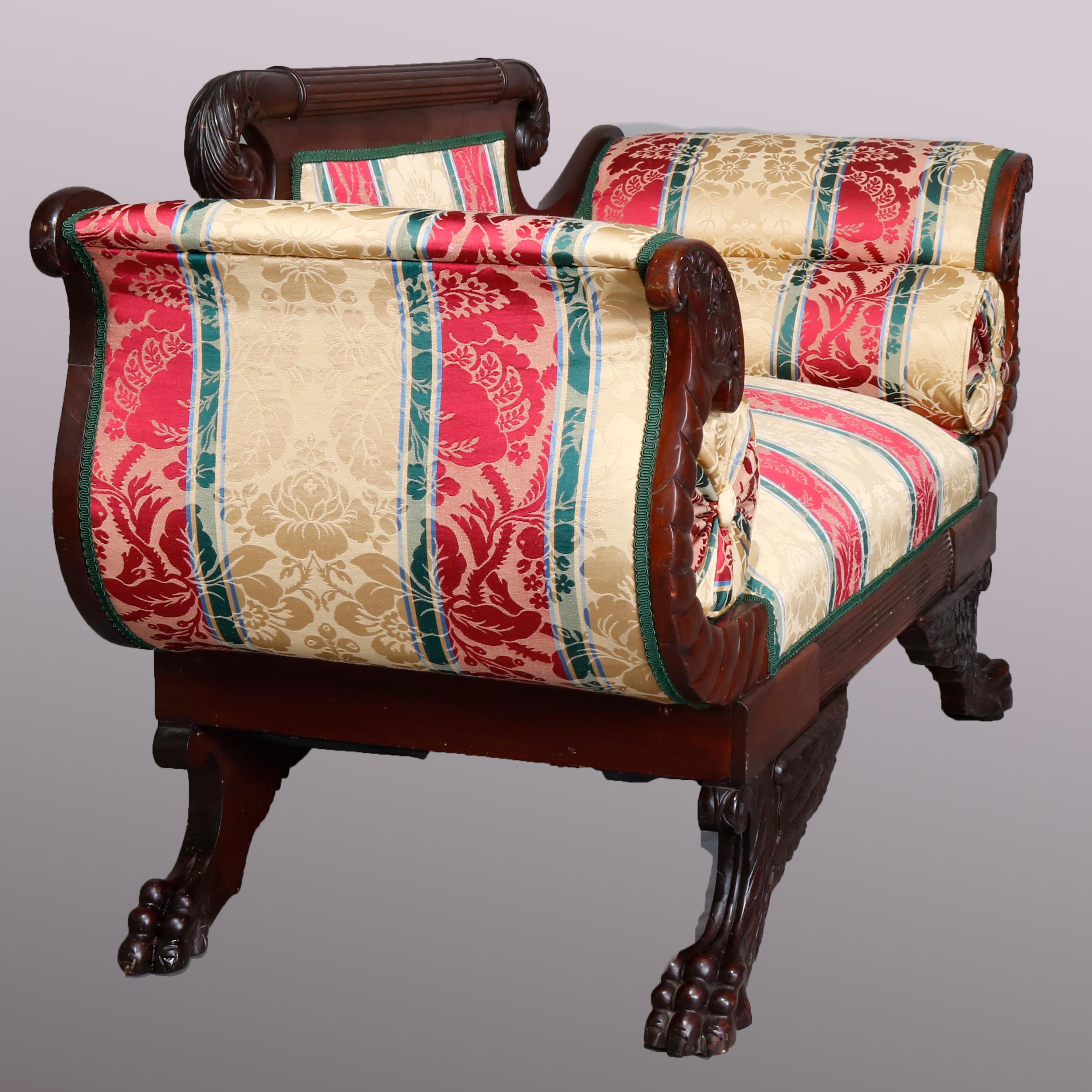 19th Century Antique Classical American Empire Carved Flame Mahogany Settee, circa 1830