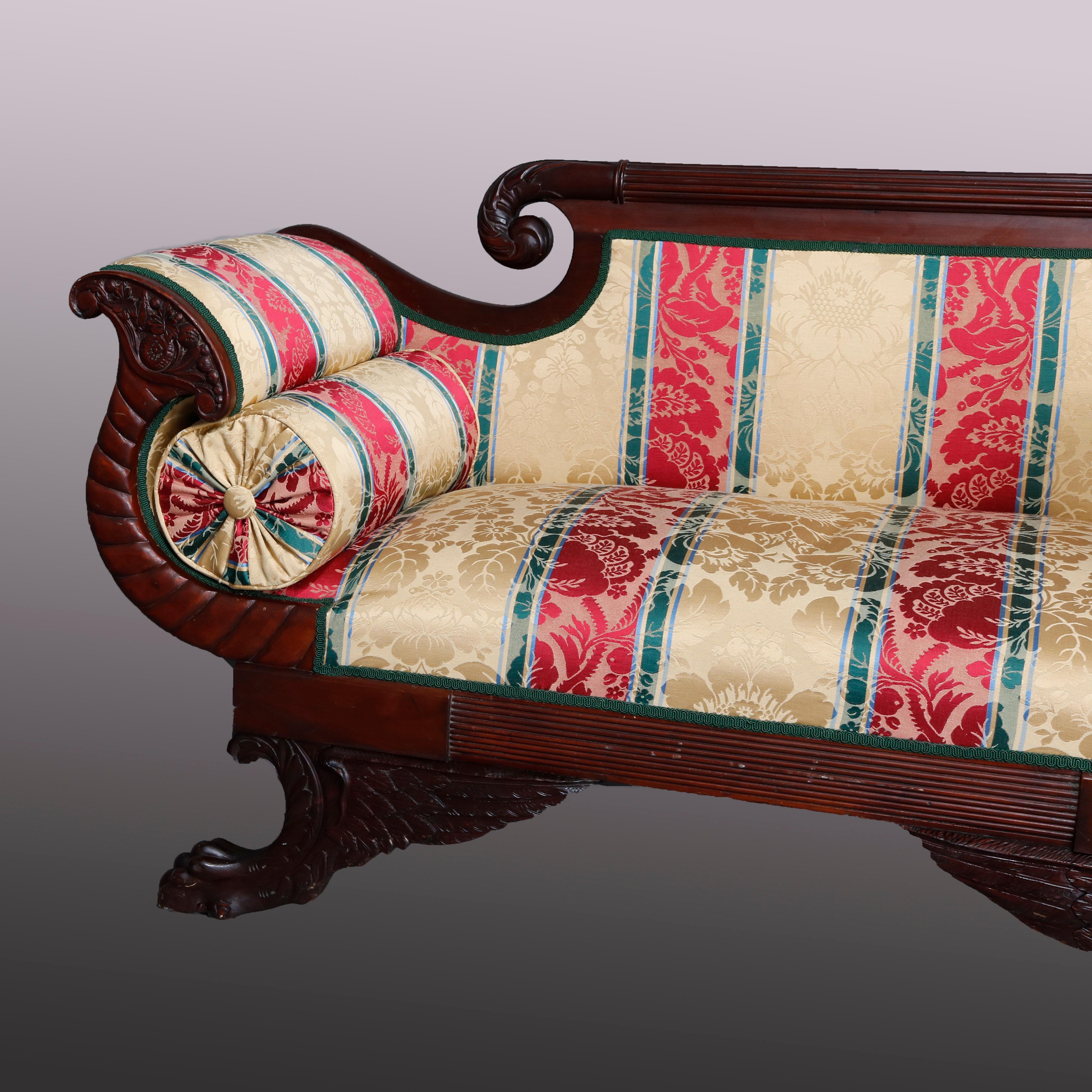 Upholstery Antique Classical American Empire Carved Flame Mahogany Settee, circa 1830