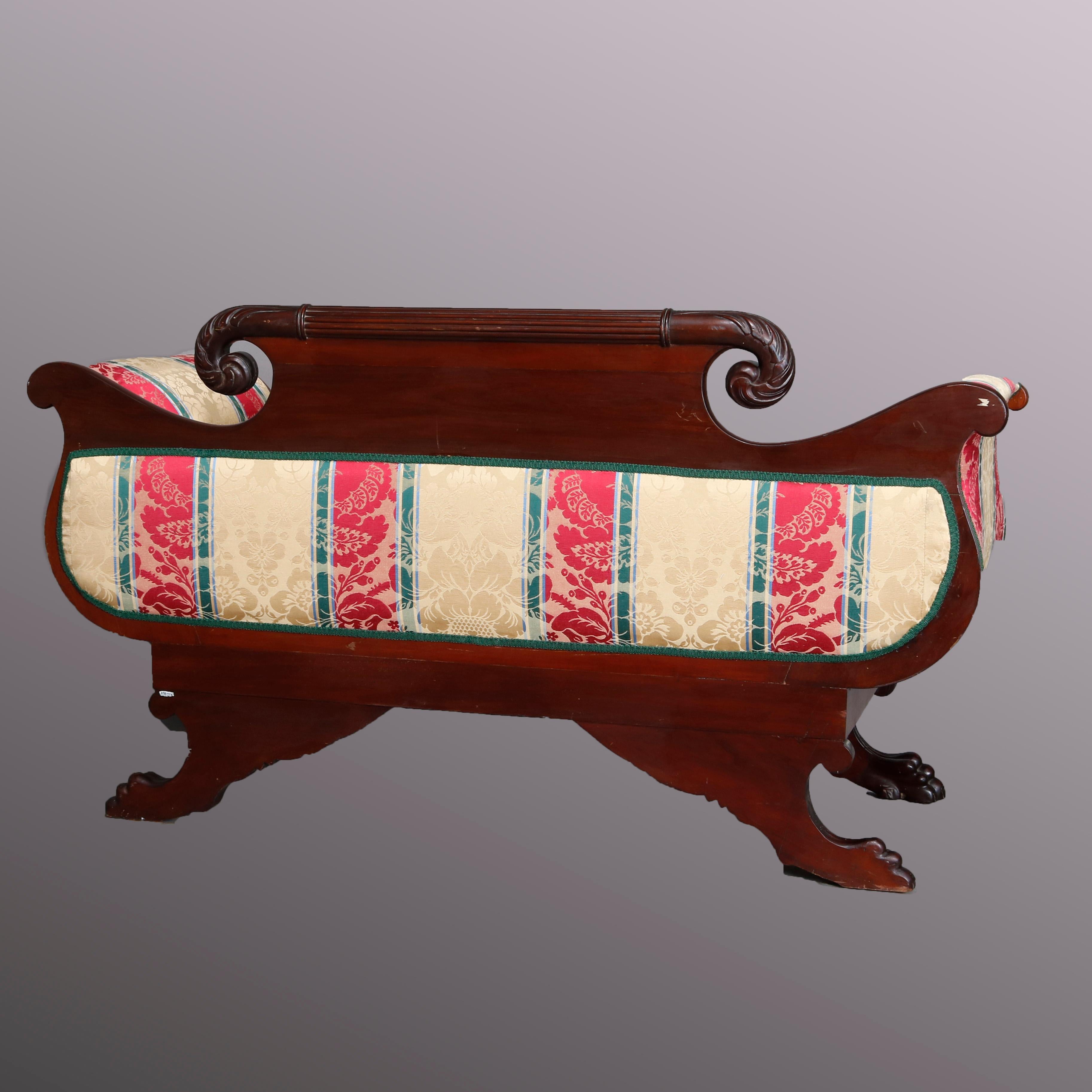 Antique Classical American Empire Carved Flame Mahogany Settee, circa 1830 2