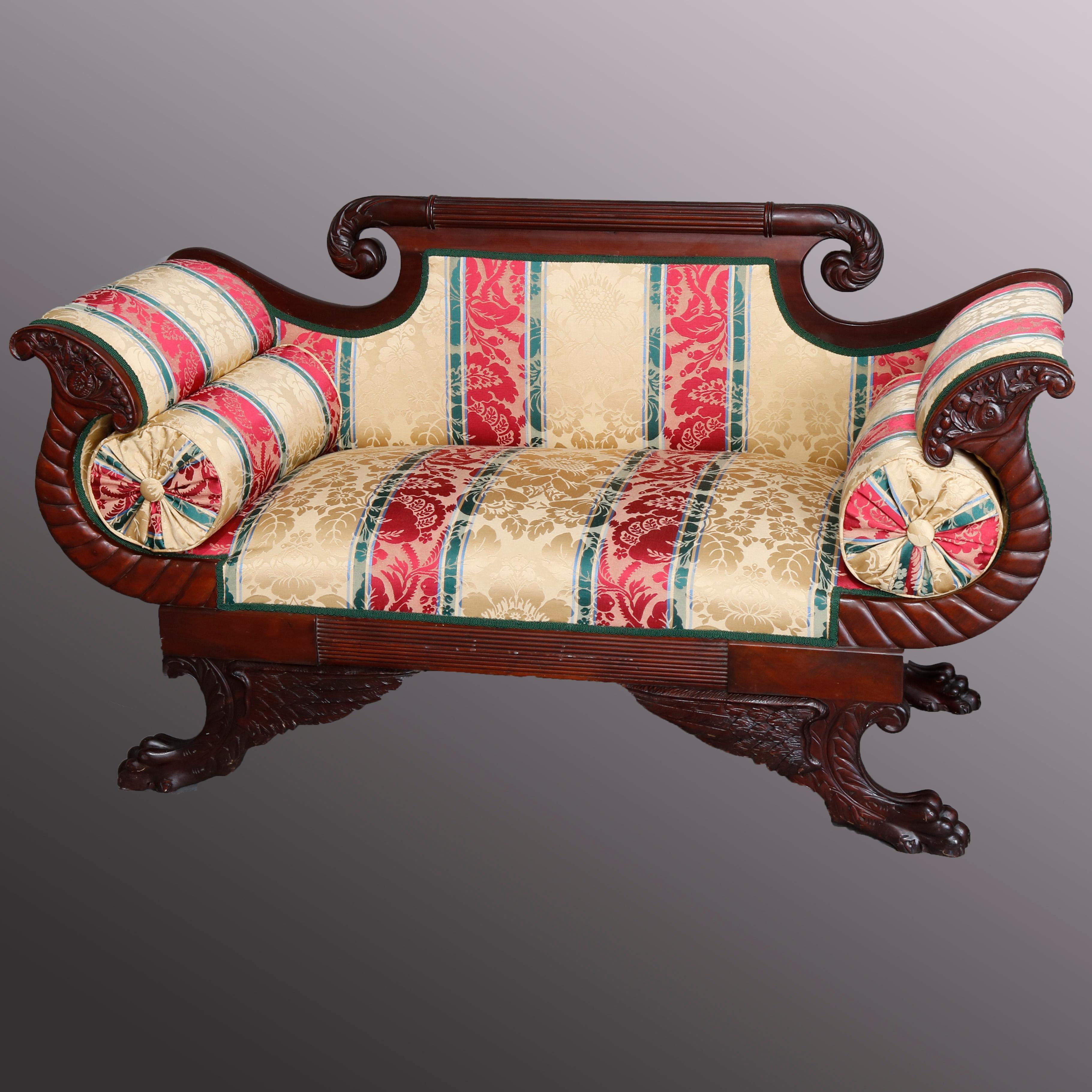 Antique Classical American Empire Carved Flame Mahogany Settee, circa 1830 3