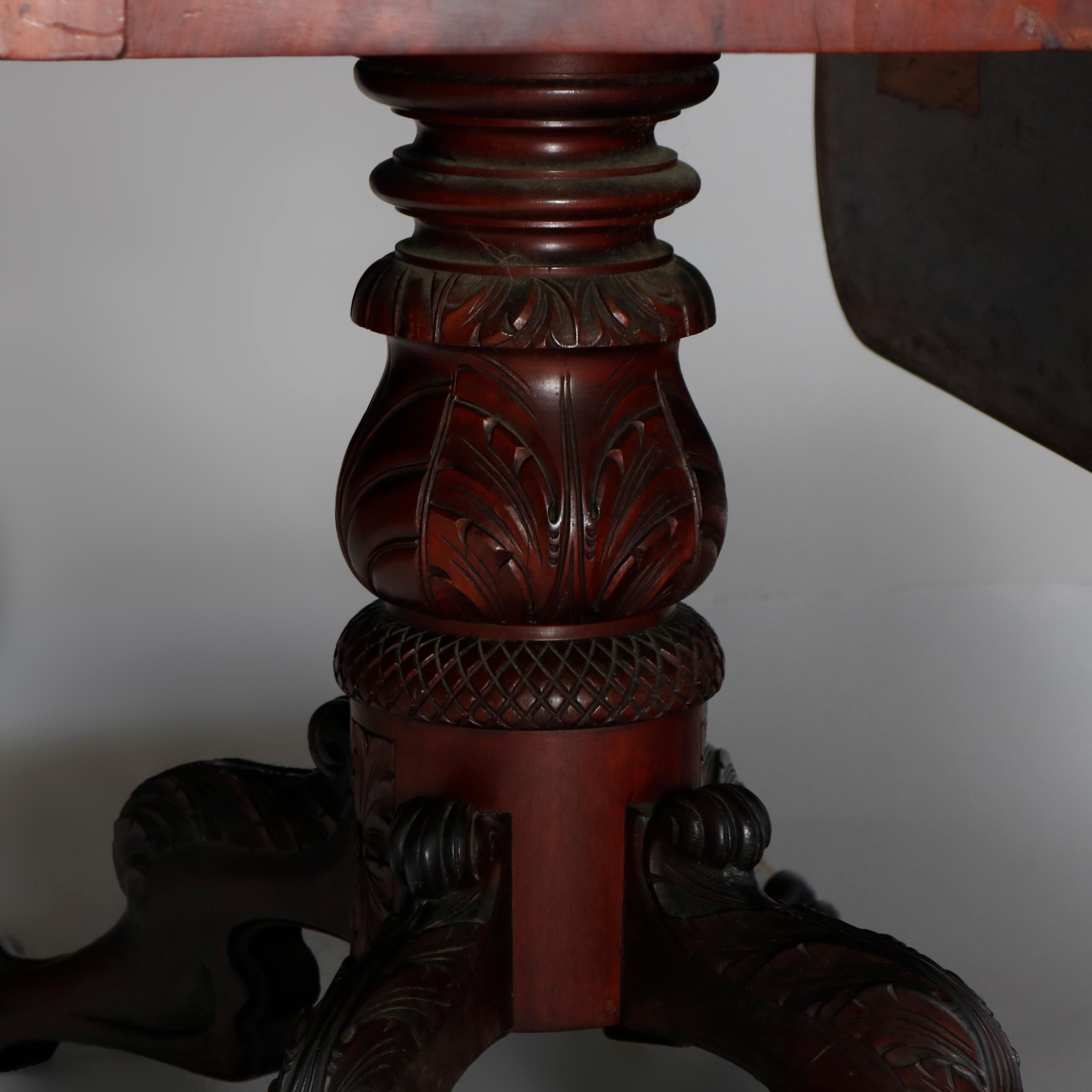 Classical American Empire Carved Mahogany Drop Leaf Dining Table, 19th Century In Good Condition In Big Flats, NY