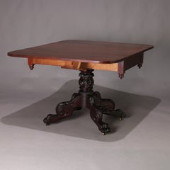 Antique Classical American Empire Carved Mahogany Drop Leaf Table, circa 1850