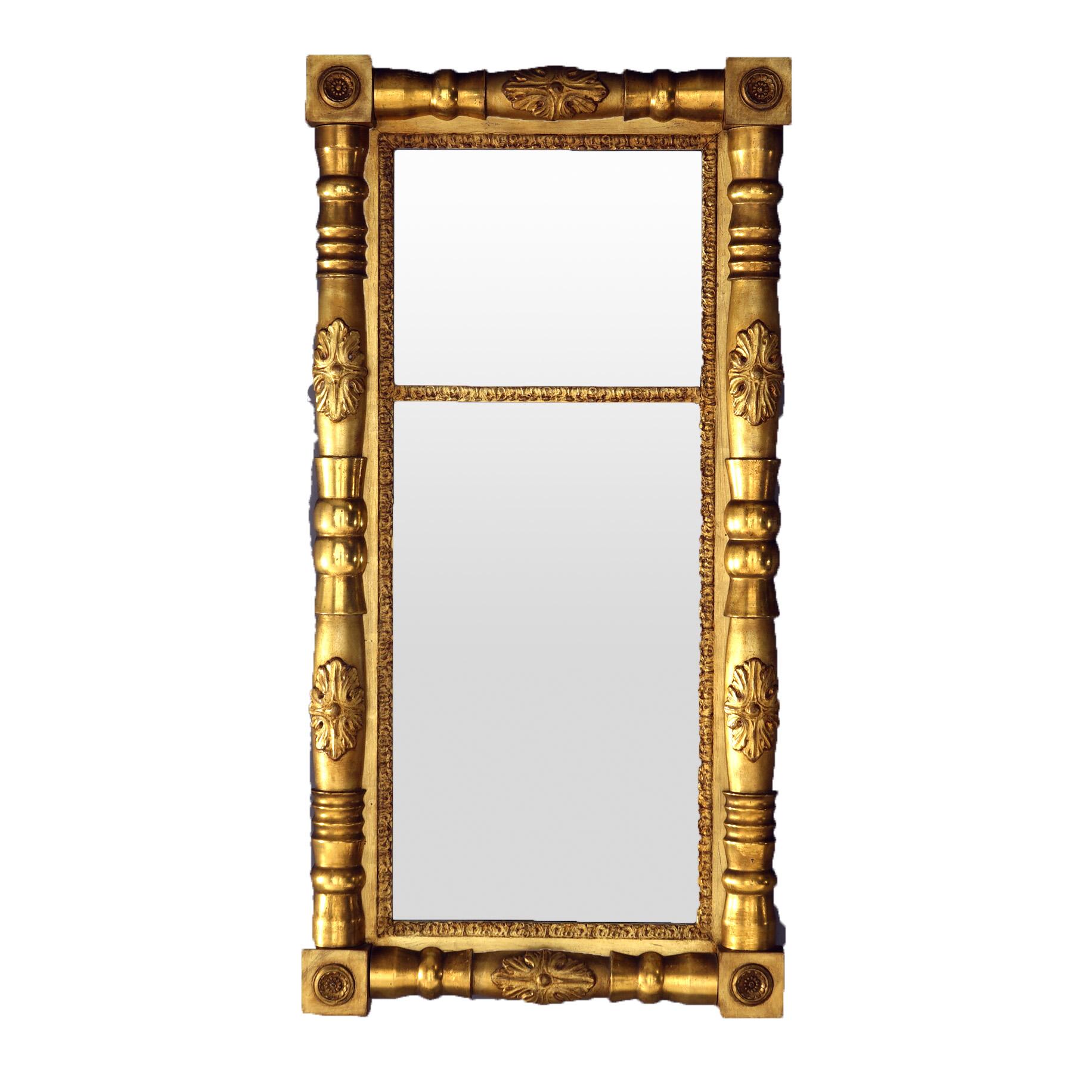 Antique Classical American Empire First Finish Giltwood Wall Mirror with Column and Floral Elements, C1840

Measures- 39.25''H x 20''W x 3.5''D; 13.75'' x 34.25'' sight