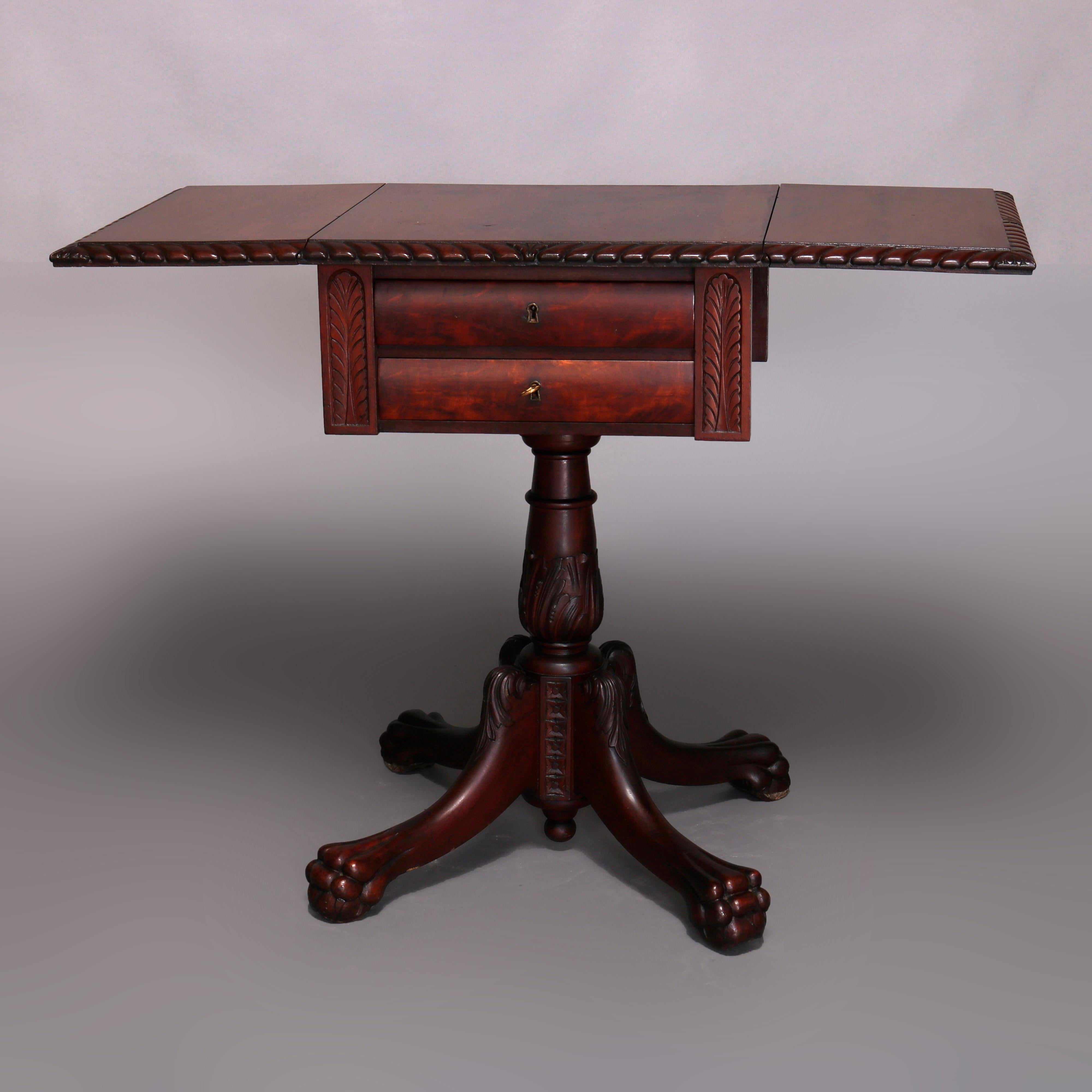 Carved Antique Classical American Empire Flame Mahogany Drop Leaf Stand, 19th Century