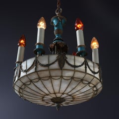 Antique Classical Arts & Crafts Leaded Glass 8-Light Chandelier c1920