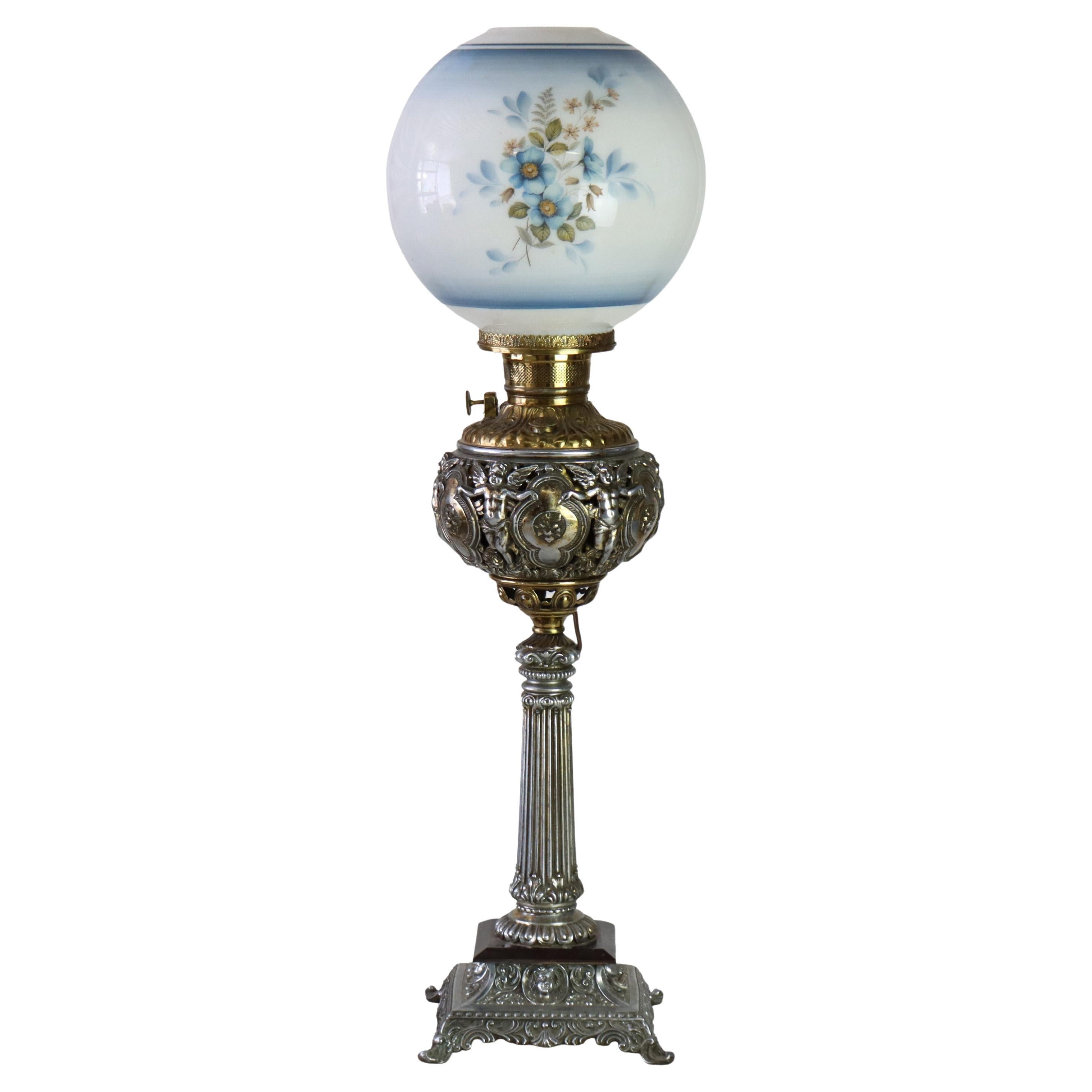 Antique Classical Brass & Figural Silver Gilt Bronze Converted Gass Lamp c1900