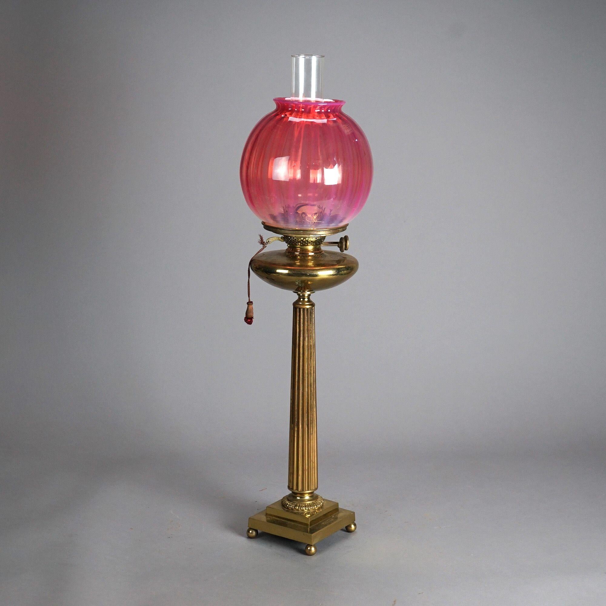 Antique Classical Brass Oil Parlor Lamp & Cranberry Glass Ribbed Shade c1880 4
