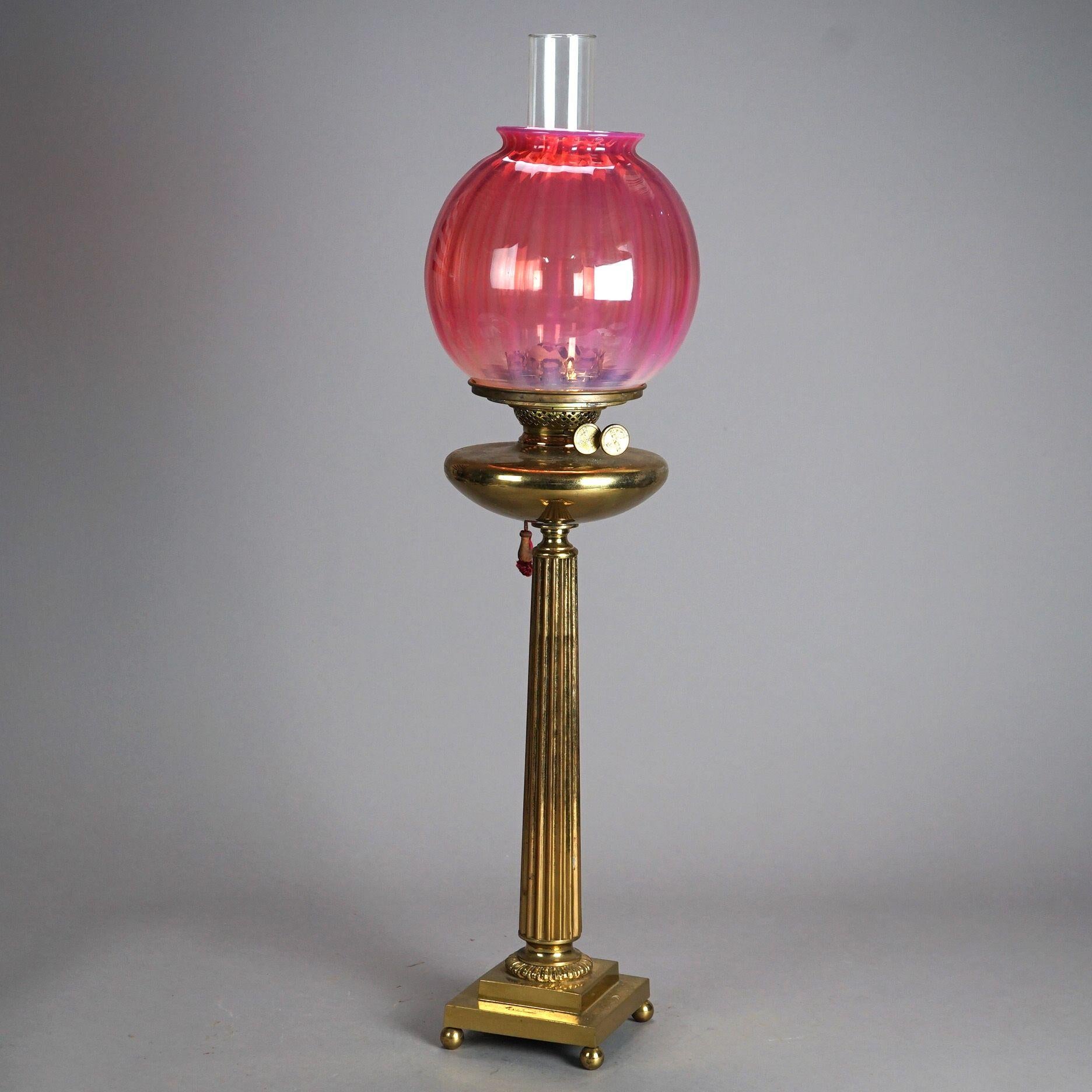 Antique Classical Brass Oil Parlor Lamp & Cranberry Glass Ribbed Shade c1880 7