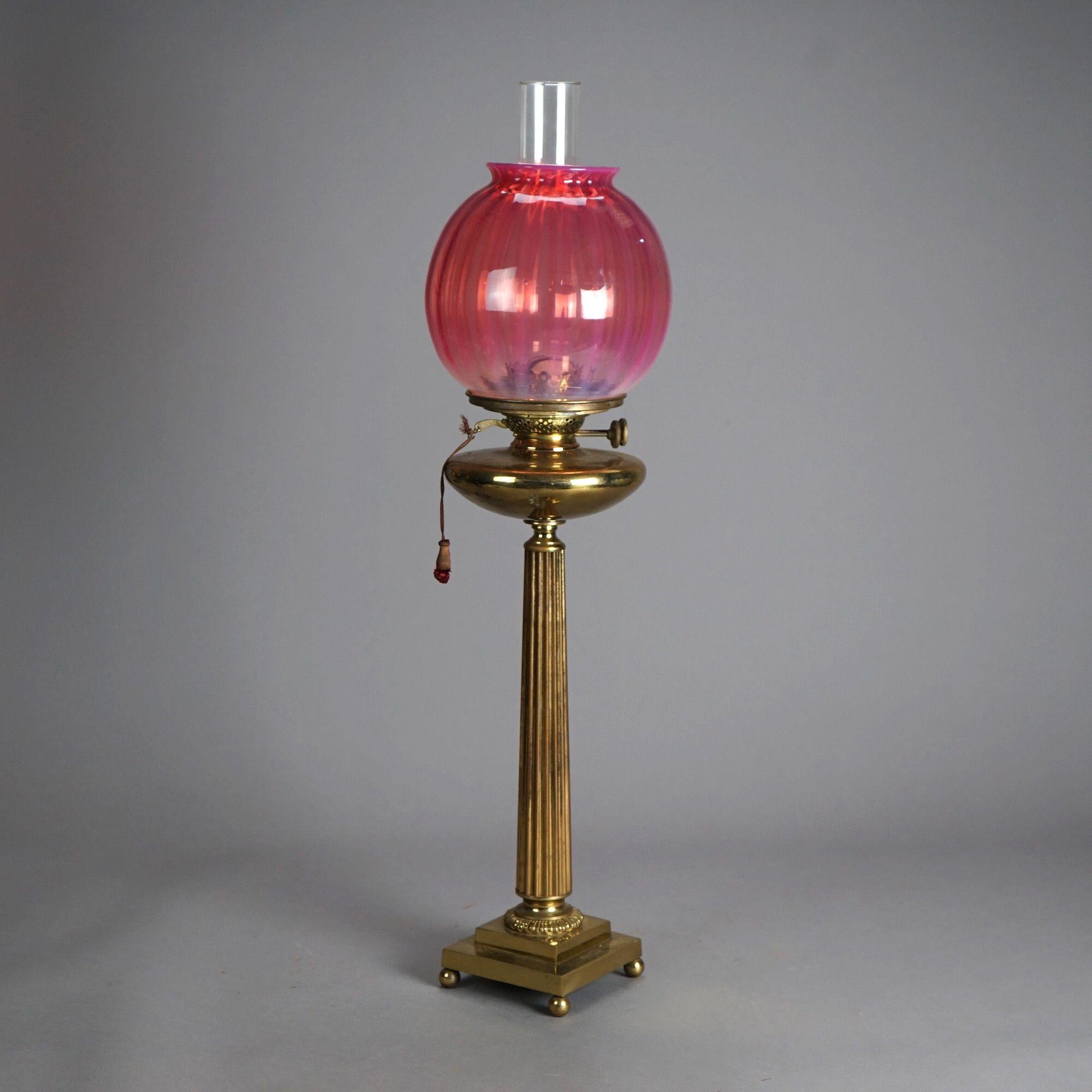 Cast Antique Classical Brass Oil Parlor Lamp & Cranberry Glass Ribbed Shade c1880