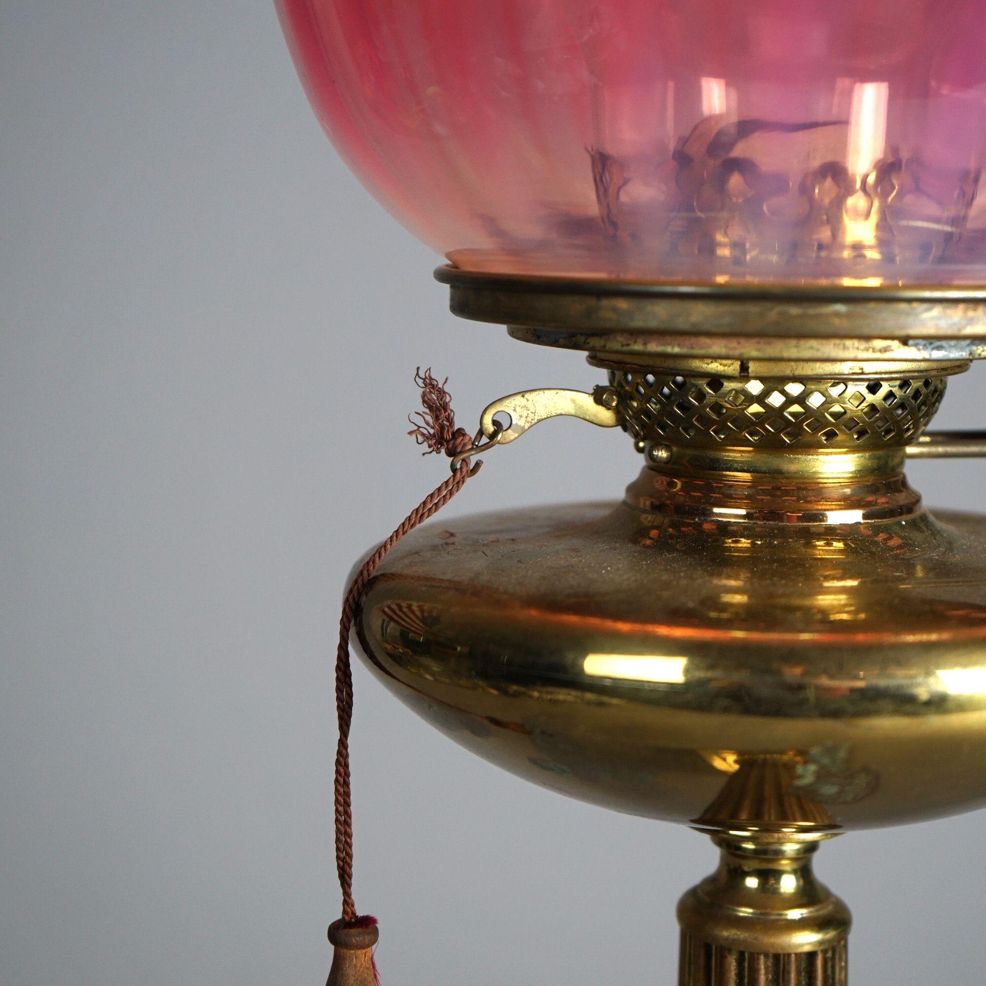 19th Century Antique Classical Brass Oil Parlor Lamp & Cranberry Glass Ribbed Shade c1880