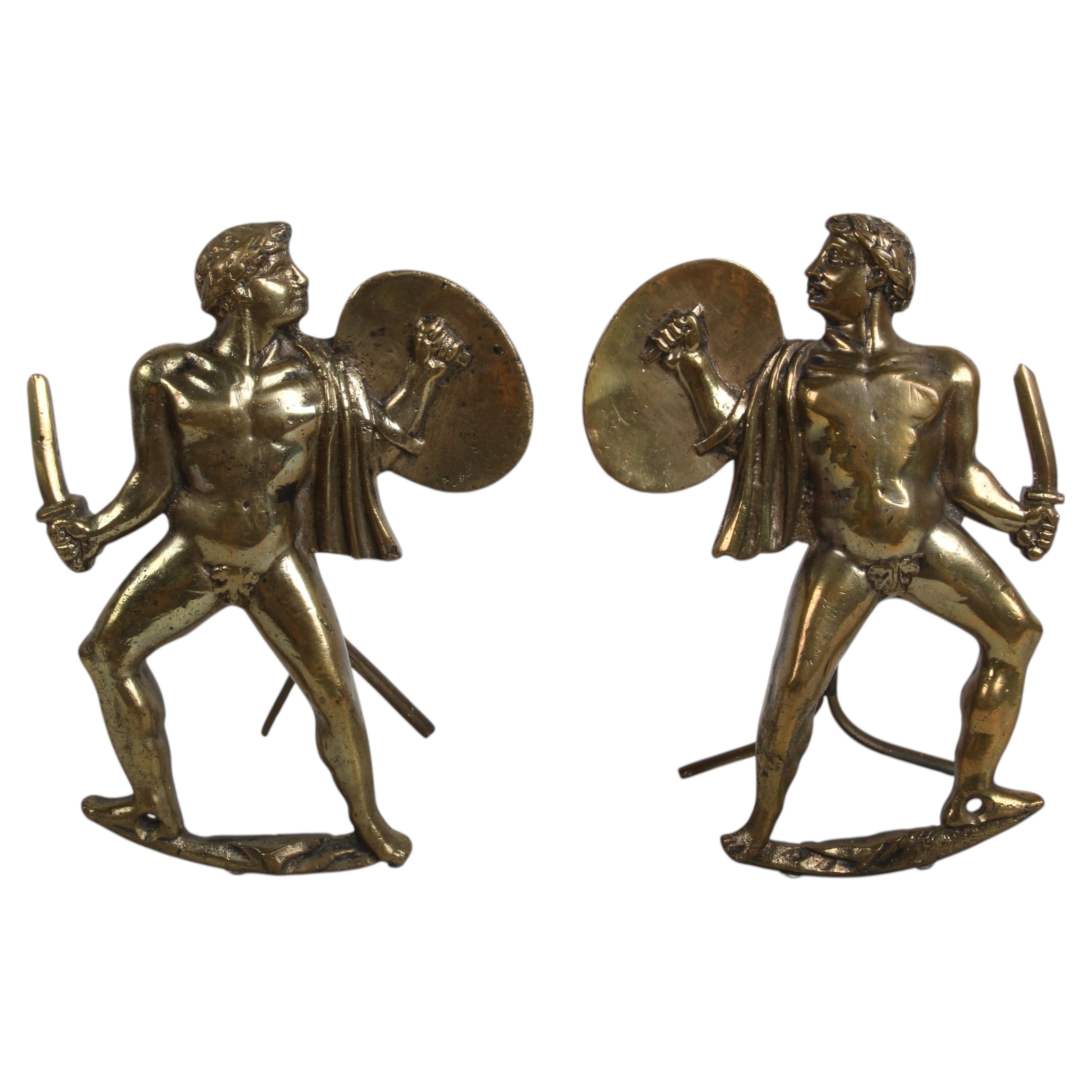 Antique Classical Bronze Roman - Greek Warriors / Gladiator Fireplace Chenets For Sale