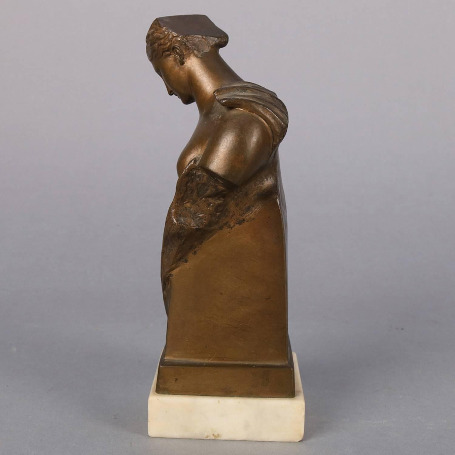Metal Antique Classical 3/4 Partial Nude Sculpture Portrait of Woman, Dated 1890