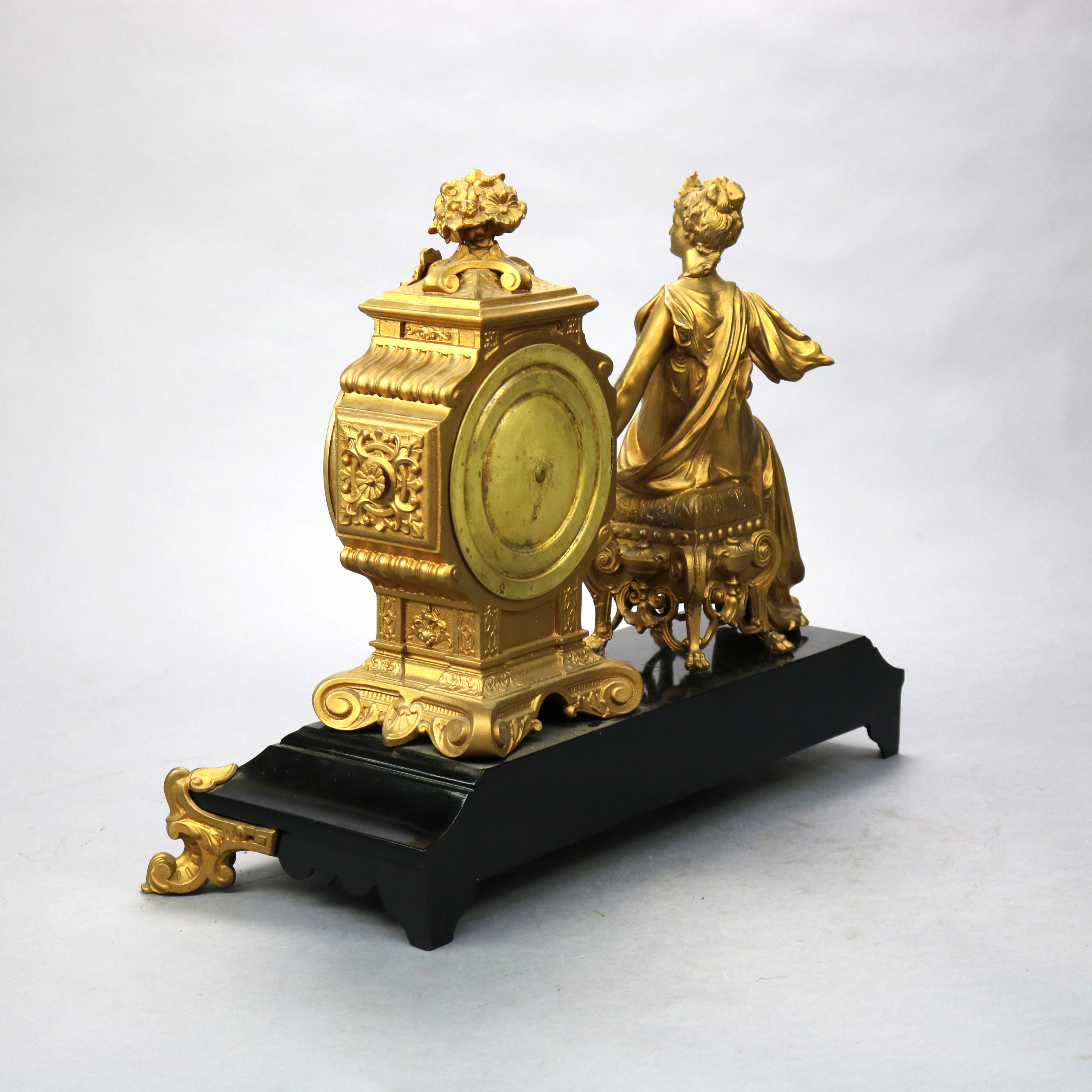 Metal Antique Classical Bronzed Figural & Slate Ansonia Mantle Clock, Circa 1890