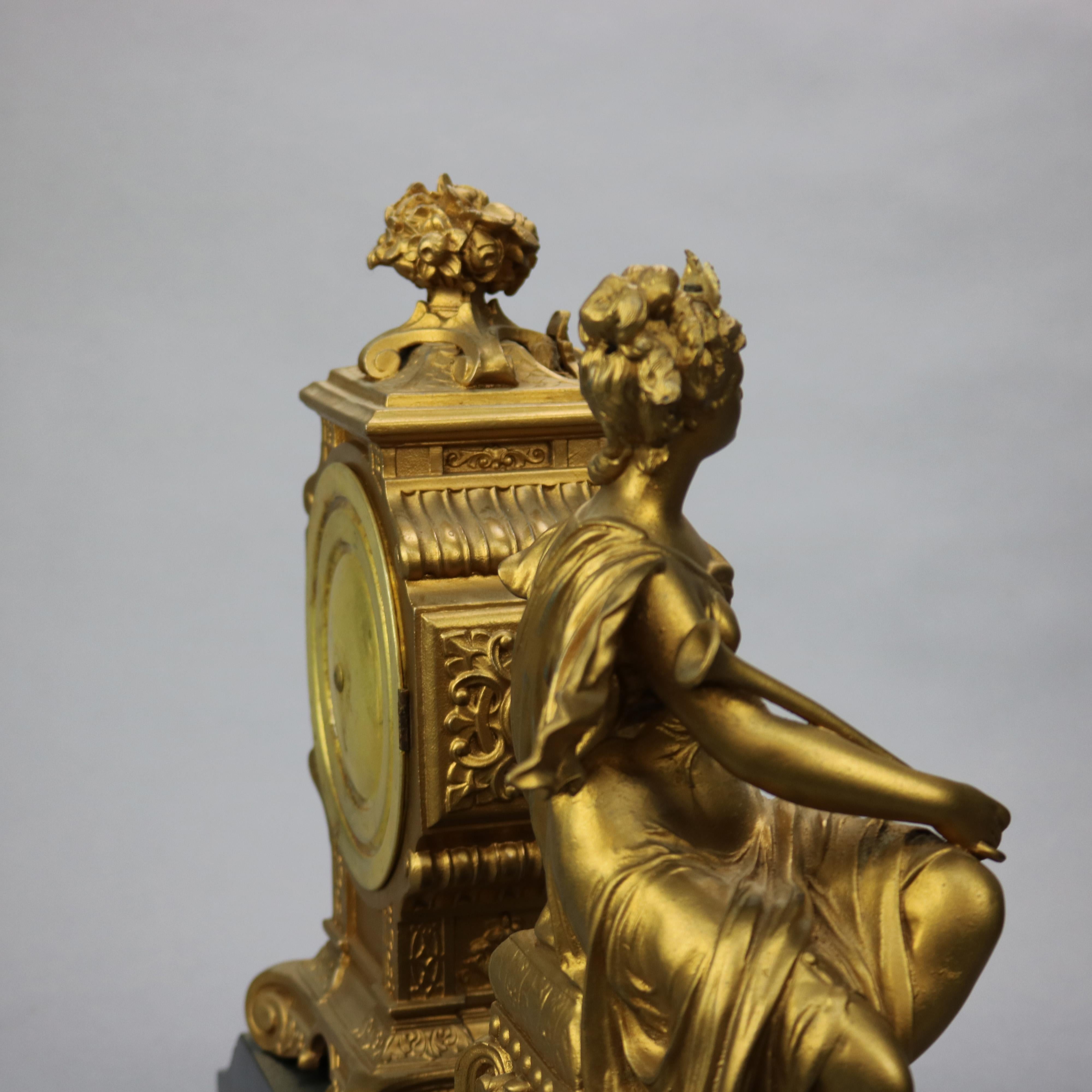 Antique Classical Bronzed Figural & Slate Ansonia Mantle Clock, Circa 1890 1
