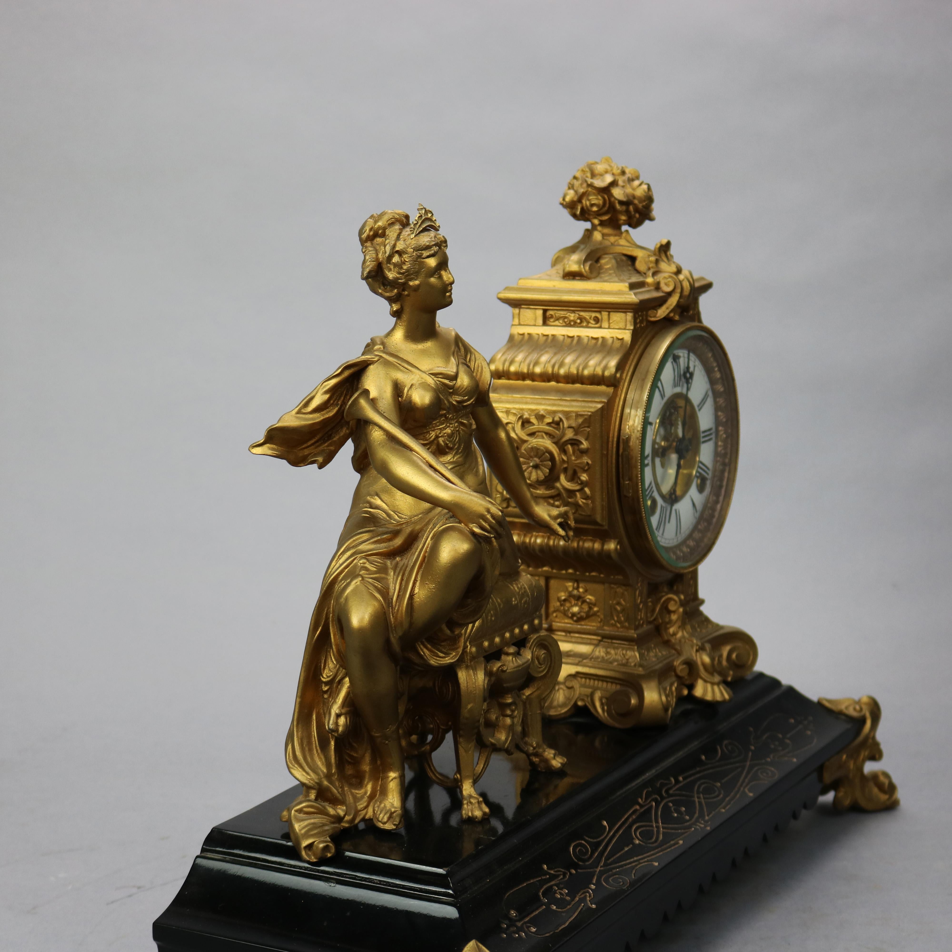 Antique Classical Bronzed Figural & Slate Ansonia Mantle Clock, Circa 1890 2