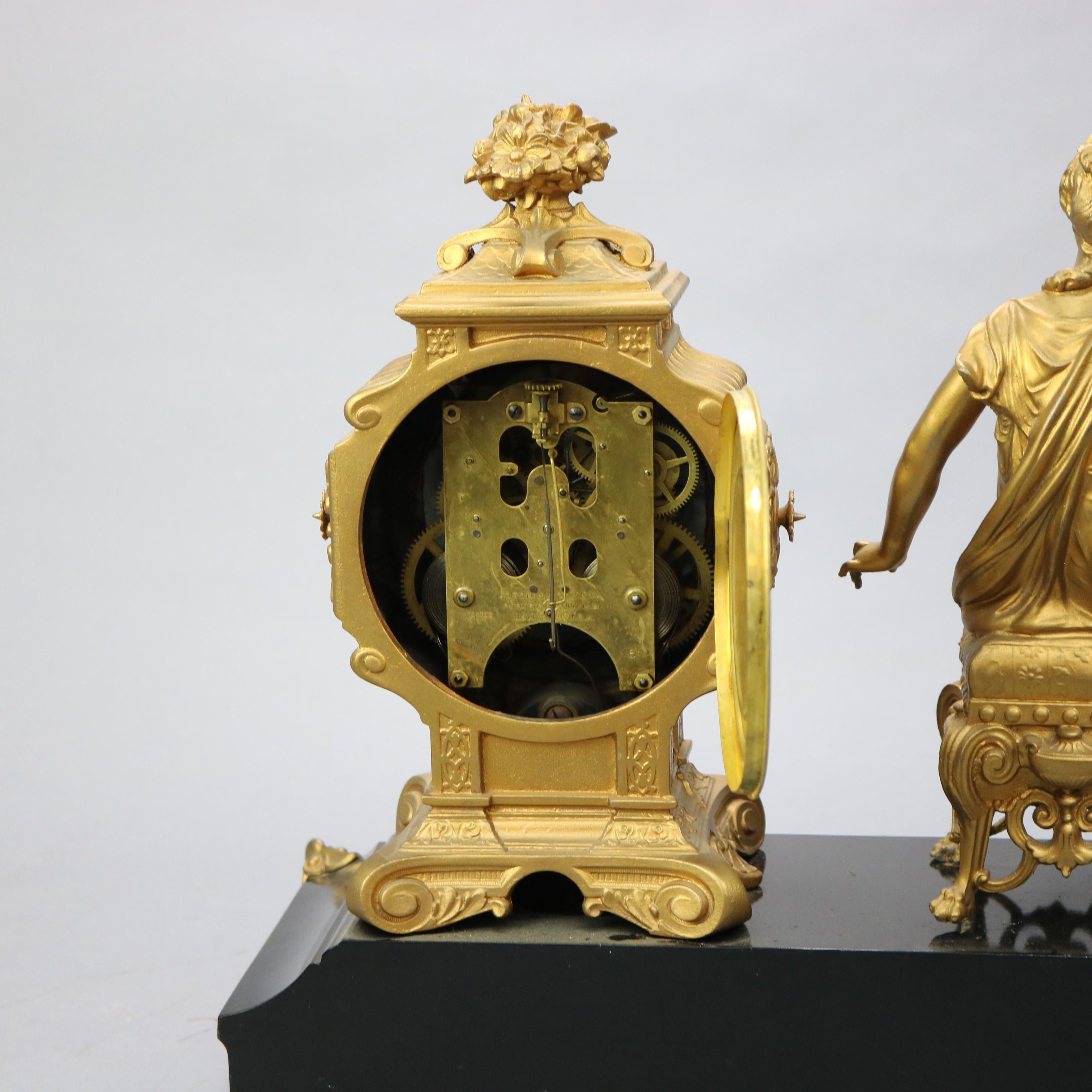 Antique Classical Bronzed Figural & Slate Ansonia Mantle Clock, Circa 1890 3