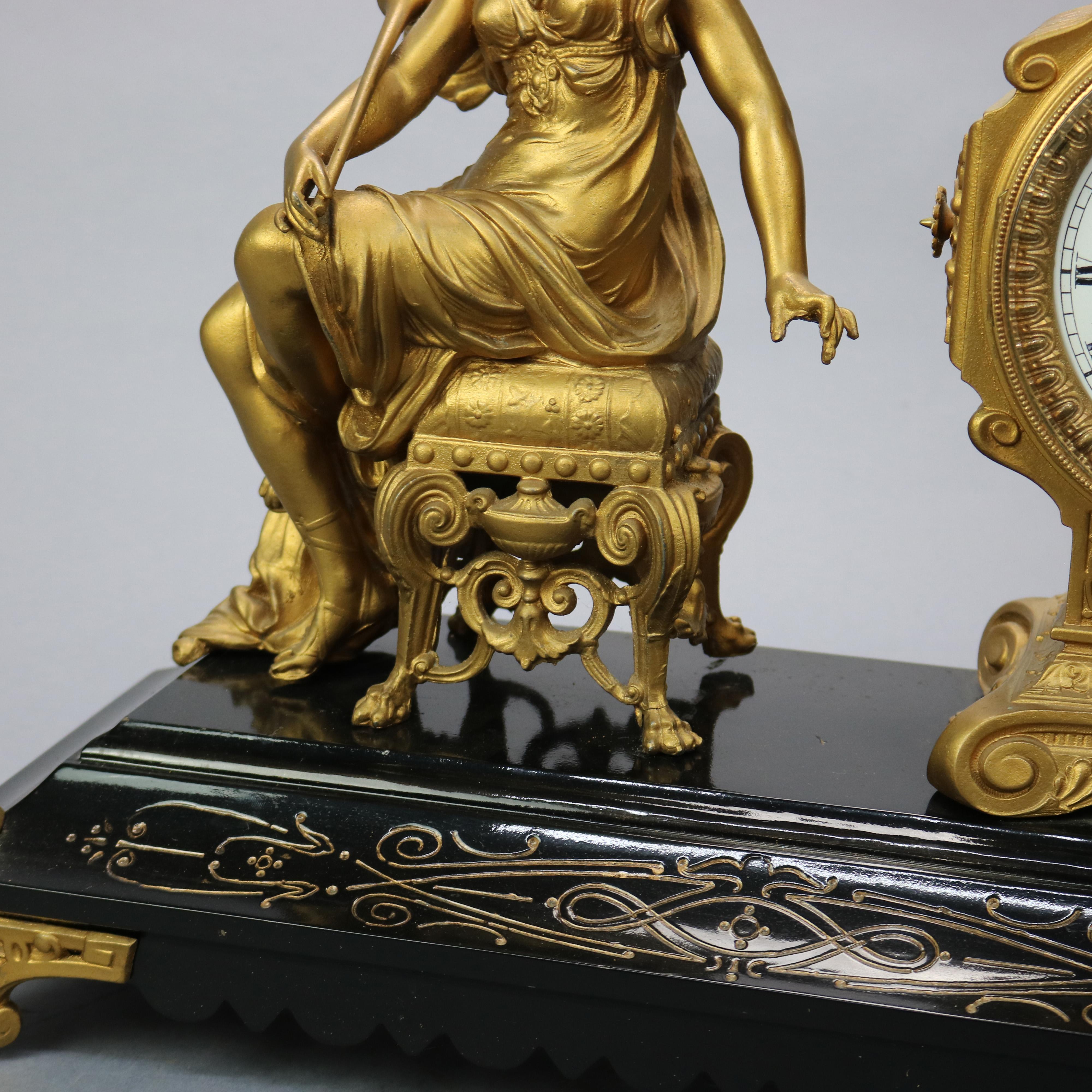 Classical Greek Antique Classical Bronzed Figural & Slate Ansonia Mantle Clock, Circa 1890