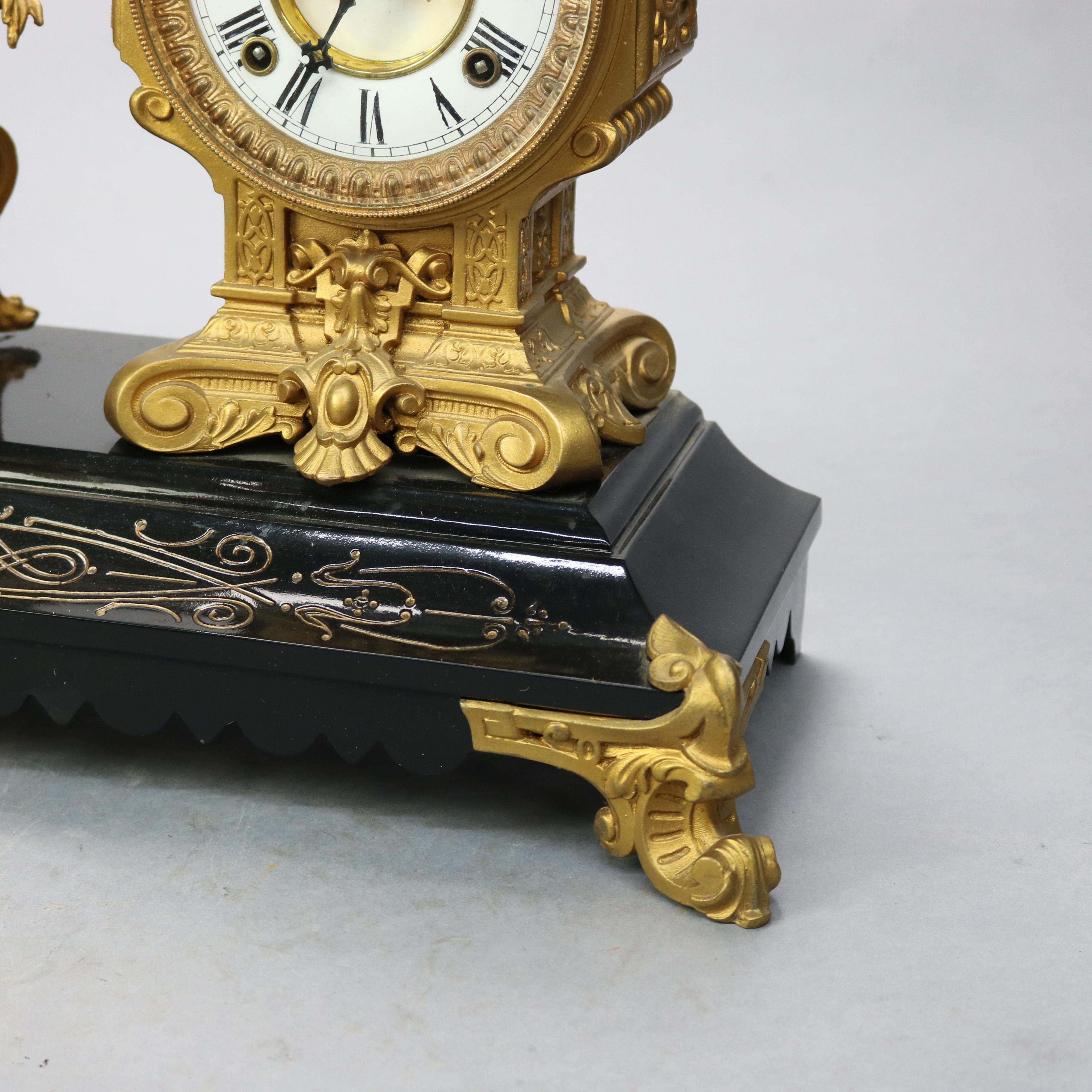 American Antique Classical Bronzed Figural & Slate Ansonia Mantle Clock, Circa 1890