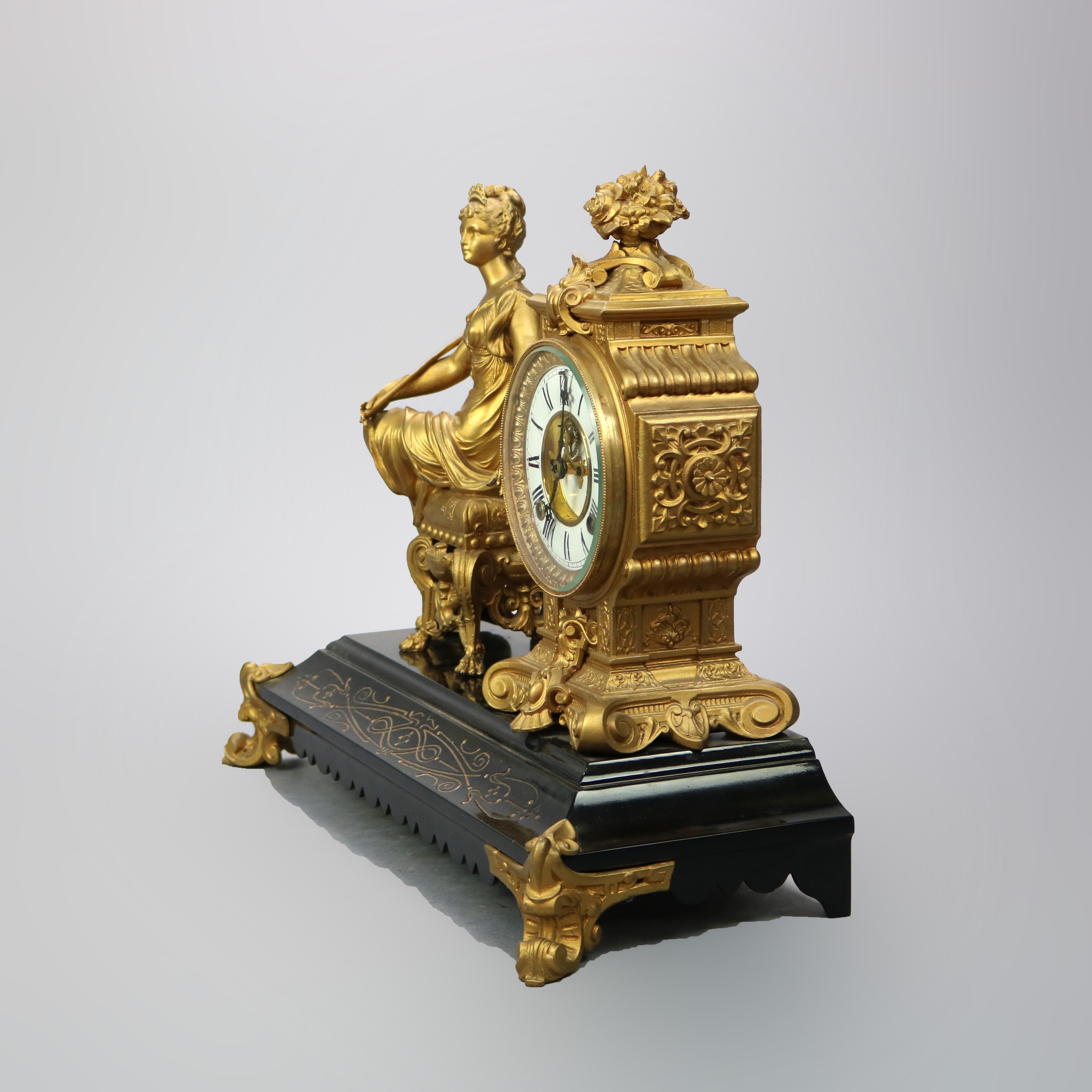 Antique Classical Bronzed Figural & Slate Ansonia Mantle Clock, Circa 1890 In Good Condition In Big Flats, NY