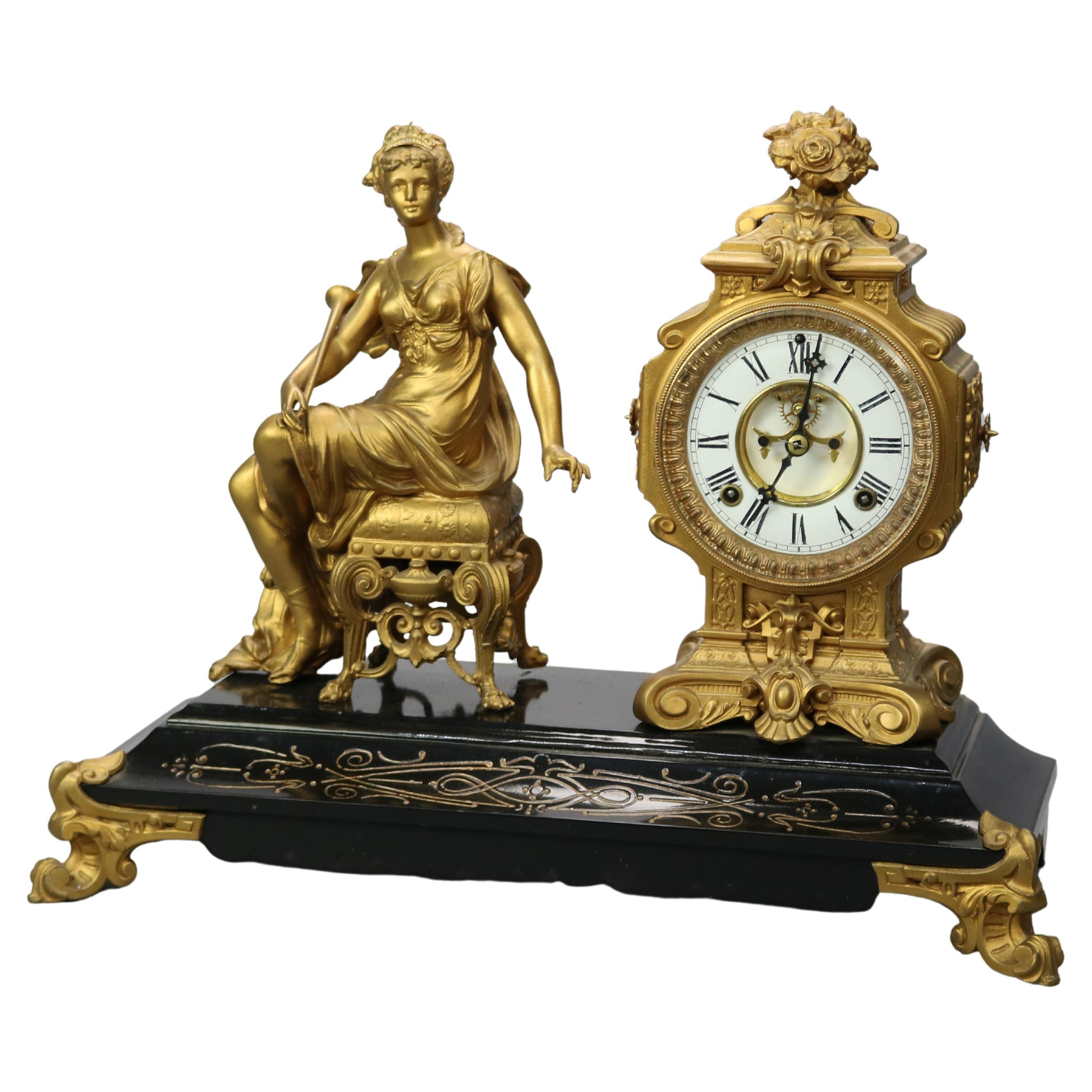 Antique Classical Bronzed Figural & Slate Ansonia Mantle Clock, Circa 1890