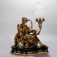 Antique Classical Bronzed Recumbent Robed Scholar Figural Table Lamp