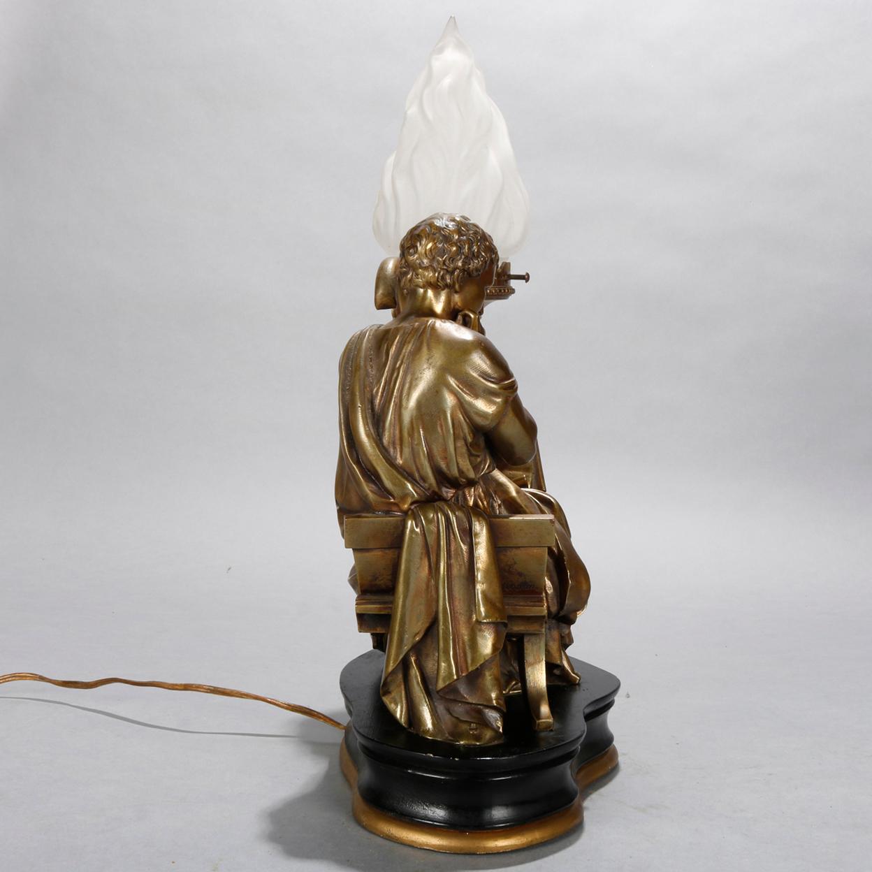 French Antique Classical Bronzed Recumbent Robed Scholar Figural Table Lamp