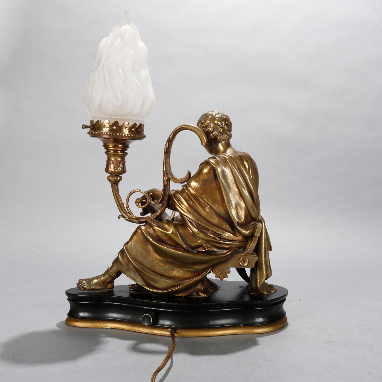 Carved Antique Classical Bronzed Recumbent Robed Scholar Figural Table Lamp