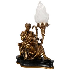 Antique Classical Bronzed Recumbent Robed Scholar Figural Table Lamp