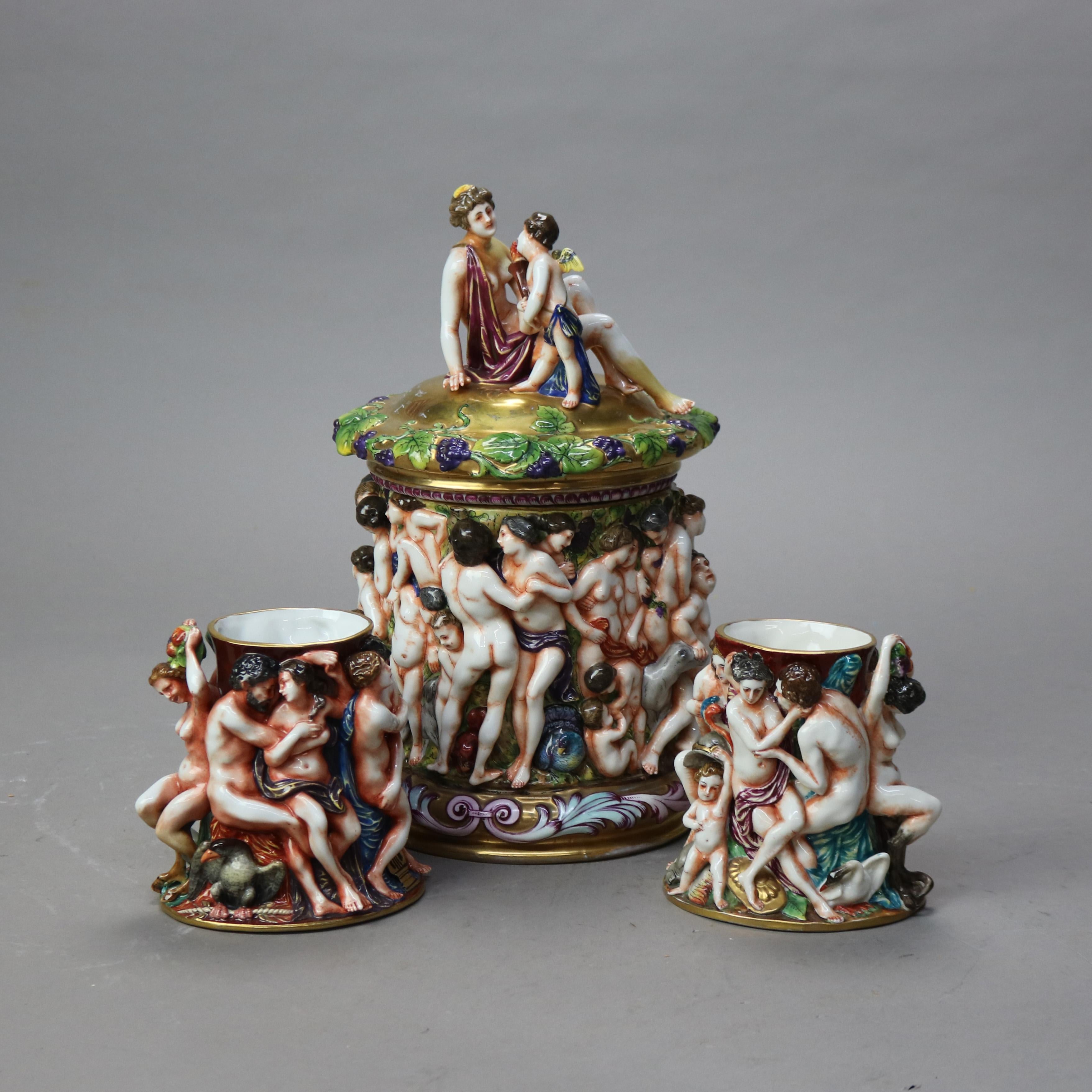 Antique Italian Capodimonte Porcelain Set with Classical Figures - One Lidded & Two Open Jars, c1890

Measures - 5