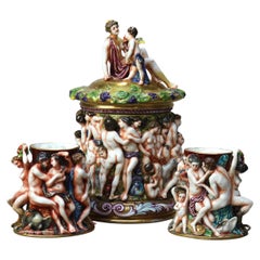 Antique Classical Capodimonte Figural Porcelain Set - One Lidded & Two Open Jars