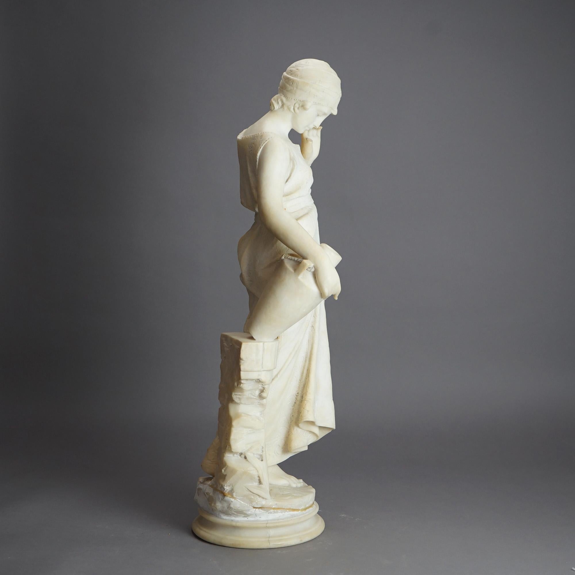 Antique Classical Carved Alabaster Sculpture of a Woman & Urn, Signed, C1880 9