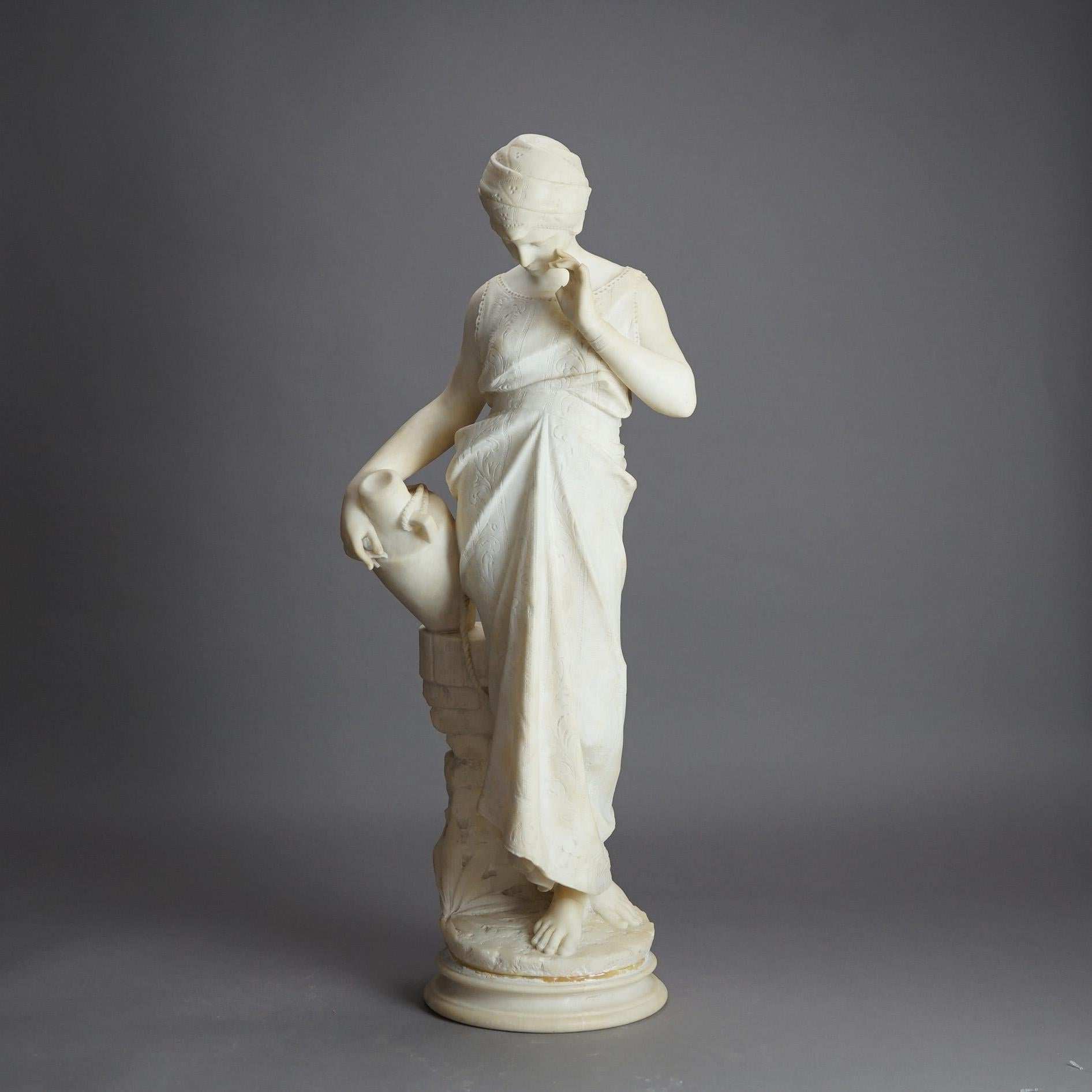 An antique Italian figurative sculpture offers carved alabaster portrait of a Classical woman with a water urn in an outdoor setting, signed F. McPugi, c1880

Measures - 29.75