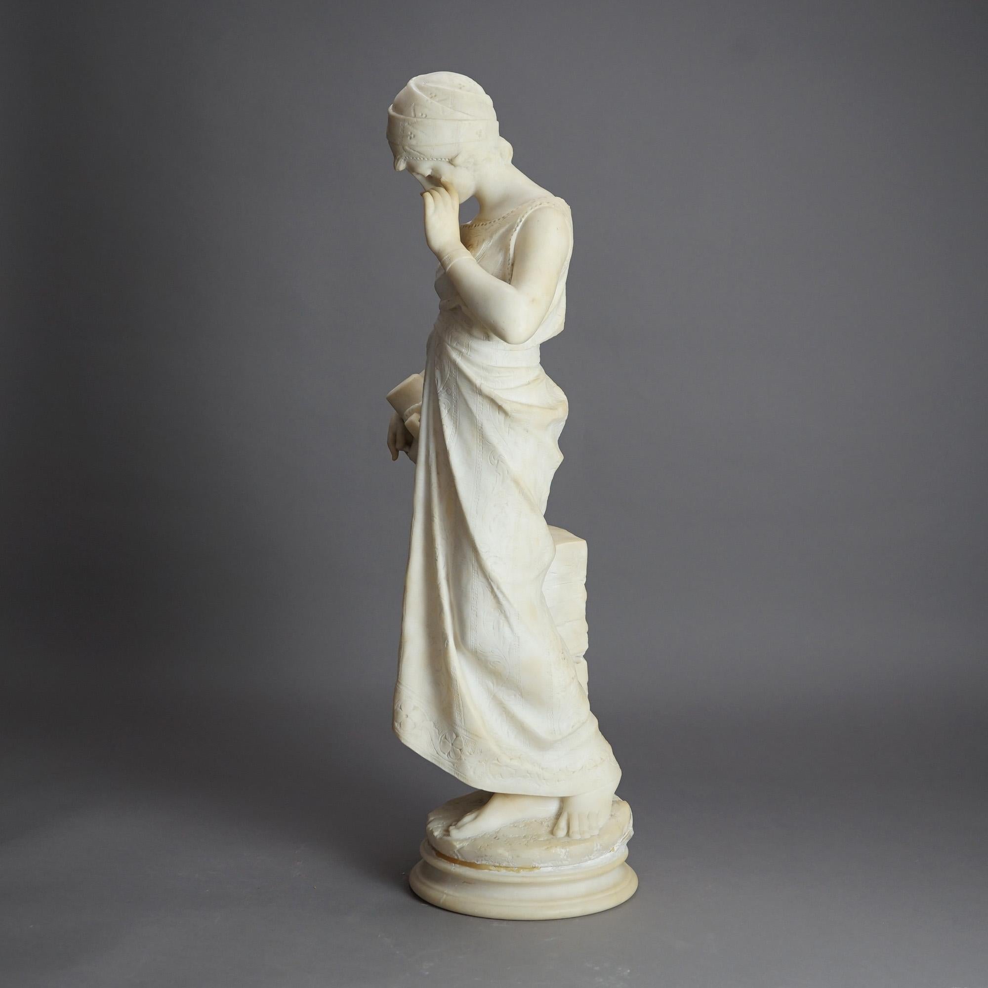 Antique Classical Carved Alabaster Sculpture of a Woman & Urn, Signed, C1880 3
