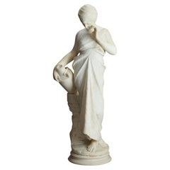 Antique Classical Carved Alabaster Sculpture of a Woman & Urn, Signed, C1880