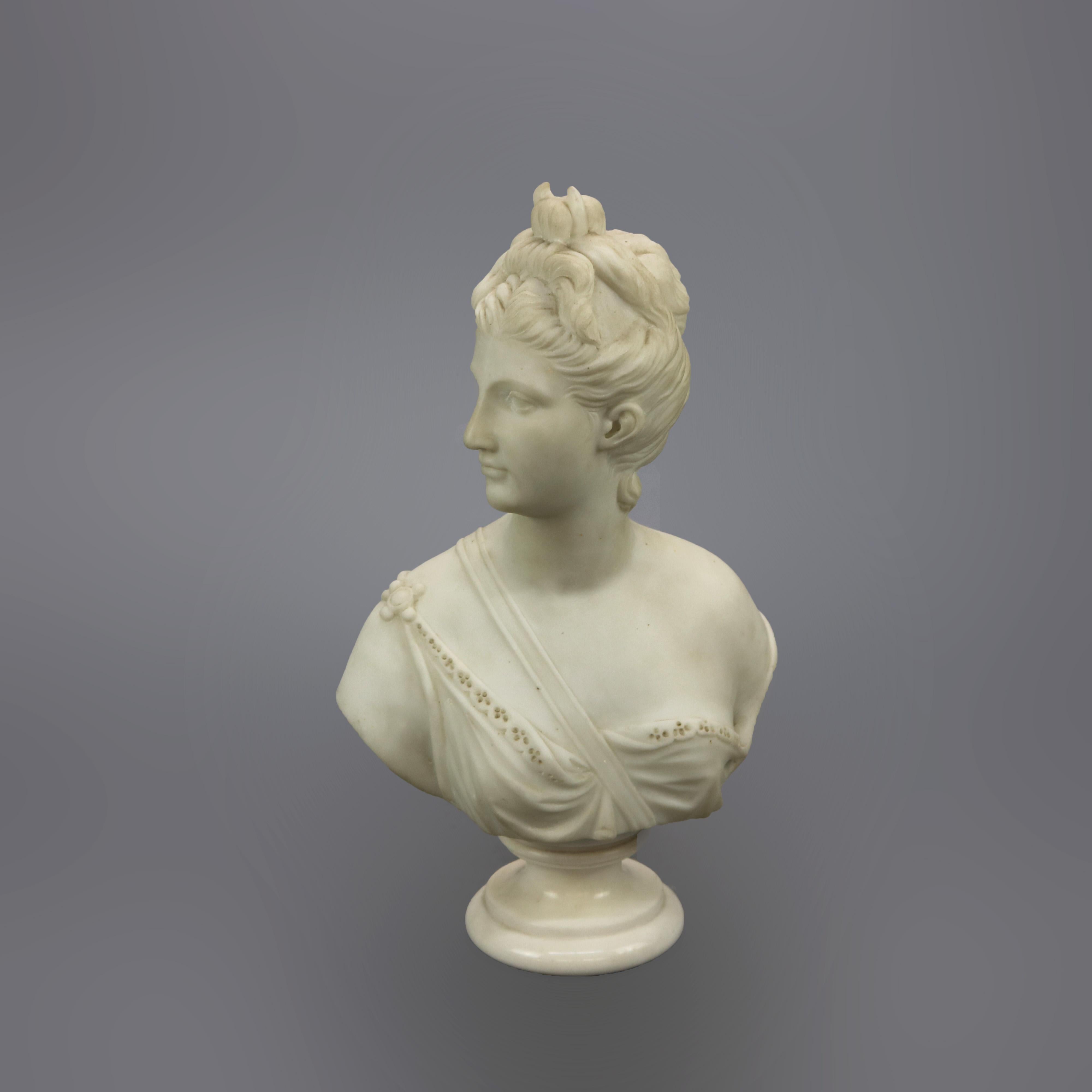 European Antique Classical Carved Alabaster Sculpture of Roman Diana the Huntress, c1890